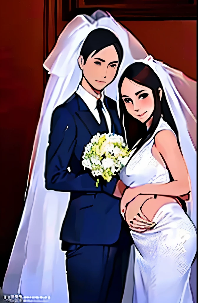 (best quality,4k,8k,highres,masterpiece:1.2),ultra-detailed,(realistic,photorealistic,photo-realistic:1.37),pregnant,woman,Uzumaki Kushina,bride gown,white wedding veil,happy expression,small breasts,slender legs,slim body,dark background,80-year-old man