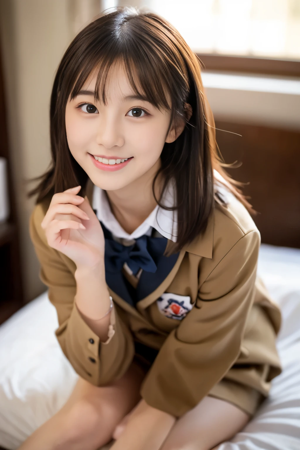 (((​masterpiece))),  (One beautiful Japan girl, classmates, Innocence，kawaii) ，超A high resolution, Realistic, ultra-detailliert, 8K,top-quality, Extremely detailed, Detailed background,A slender,very beautiful japanese girl, Detailed face:1.3), (Boyish short-haired，A dark-haired :1.4), (a ，kawaii系,adorable 14 year oPerfect body:1.1),  (Brown blazer, Light brown pleated mini skirt), Provocative smile,Show your beautiful teeth,Super Detailed Face、Detailed lips、A detailed eye、small gravure idol，Transparent skin、Lori，Japanese high school uniform with the school emblem on the chest，high-definition RAW color photography, professional photograpy, Extremely detailed,, amazing, finely detail, Huge file size, extremely detailed fingers, highly detailed nose, highly detail mouth,  (bed), ((Full body shot)), (lie down on the bed),Perfect Anatomy, Photorealsitic, 8k full-length portraits, Cute face, Photography, Perfect Skin, Perfect sexy pose, Gorgeous hotel rooms