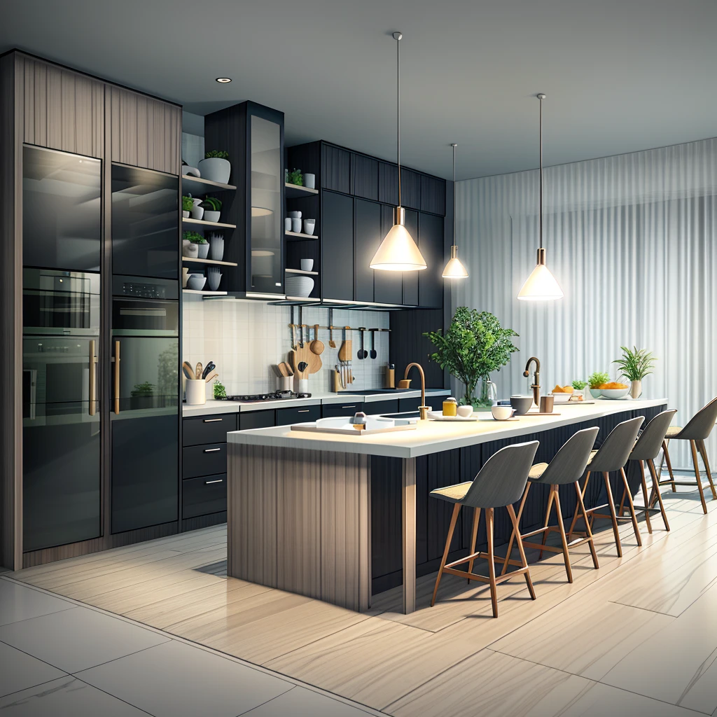 rendering of a modern residential kitchen,  professional render, wide angle exterior 2023, highly detailed render, high quality rendering, realistic render, architectural render, high-quality render, detailed rendering, hyper-realistic render, hyper - realistic render, very realistic 3 d render, high render, realistic rendering, very realistic render