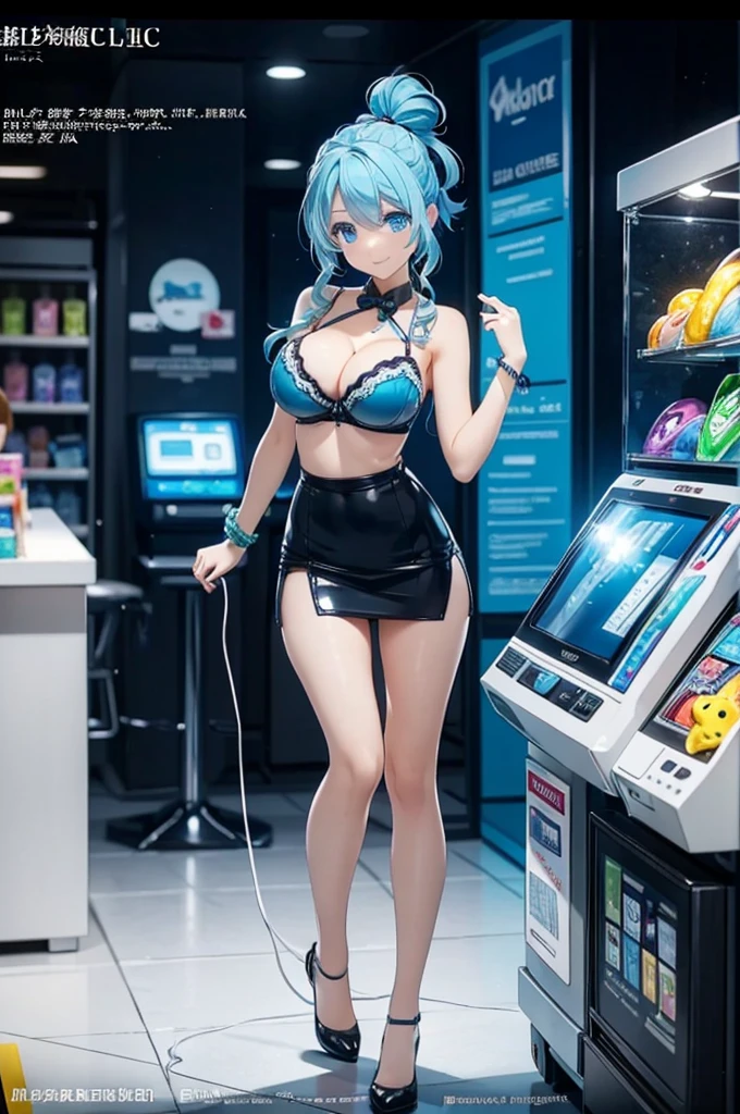 (Official art、Best Quality、Unity 8k Wallpapers、32K、ultra-detailliert、超A high resolution、realisitic、Photorealsitic:2.0、(toppless)pvc revoltech)、(Cinematic lighting:1.8)、(Full body)、Transparency、Crying face、Spherical Joint Doll,,A shop clerk wearing a see-through vinyl blue two-piece race queen costume..Sheer bra、fashion modell、Charming,A sexy,vinyl mini skirt,cleavage of the breast、amazing、foco nítido、I opened my mouth a little、charming smile、Jump gracefully with both feet、(light blue braided ponytail、beautiful hair of blue color、 Blue eyes)、girl inside a glass snow globe、service area,Fancy Goods、Amusement park toy store、huge lcd monitor,Inside the UFO Catcher、)