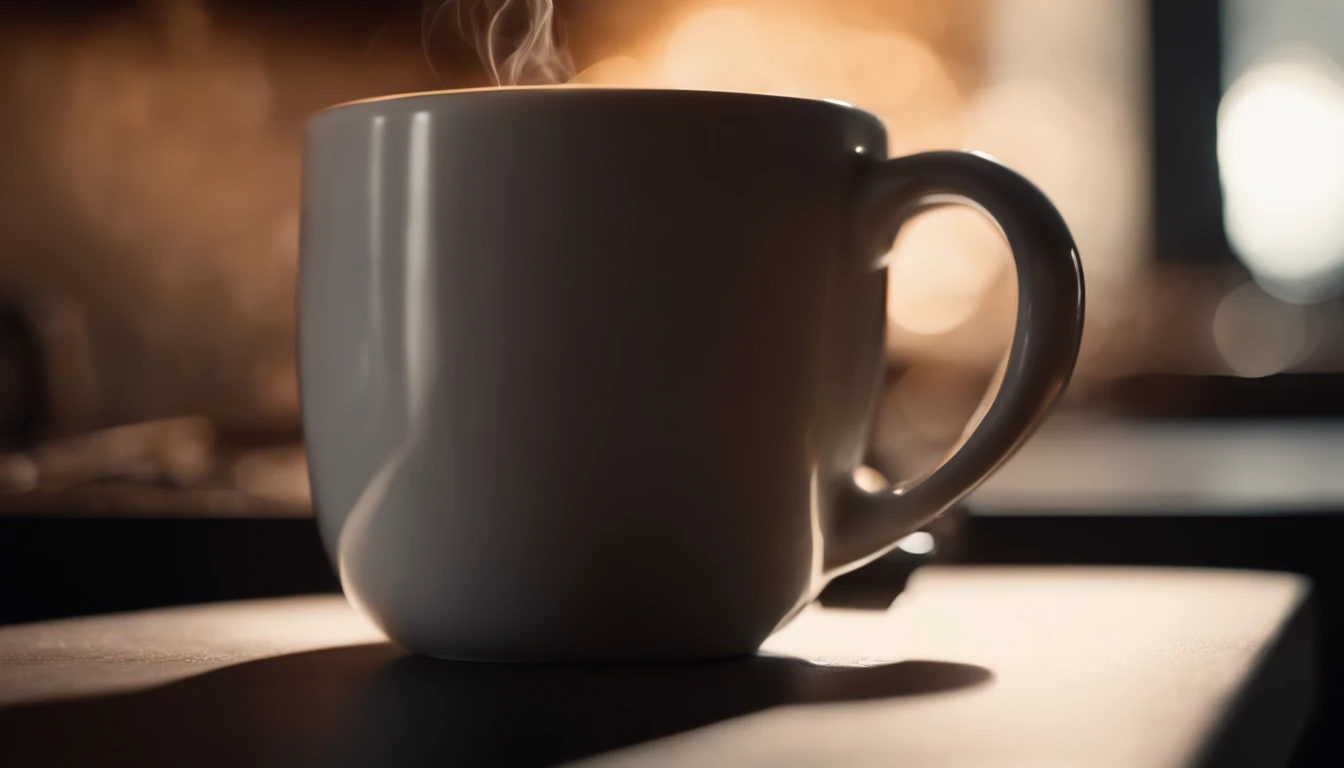 a close-up shot of a blank coffee mug mockup, with steam rising from a freshly brewed cup, evoking a sense of warmth and comfort associated with personalization and customization