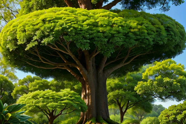 grande carvalho (tree) com grossos galhos em meio a uma linda floresta com grama baixa, mostrar arvore inteira, lente 18mm