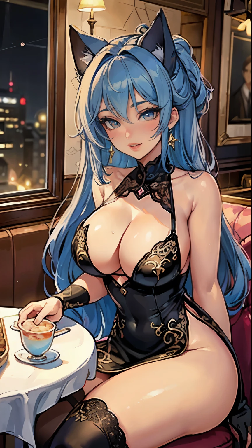 Masterpiece, beautiful art, professional artist, 8k, art style by sciamano240, very detailed face, very detailed hair, 1girl, perfectly drawn body, beautiful face, long hair, light blue hair , very detailed blue vertical cat eyes, pouty lips , rosey cheeks, intricate details in eyes, black tigh boots, earrings, in love with the viewer expression, warm smile, out for a romantic dinner with viewer, wearing a trendy dress, sitting at a restaurant table, pov sitting across the table from viewer, restaurant setting,