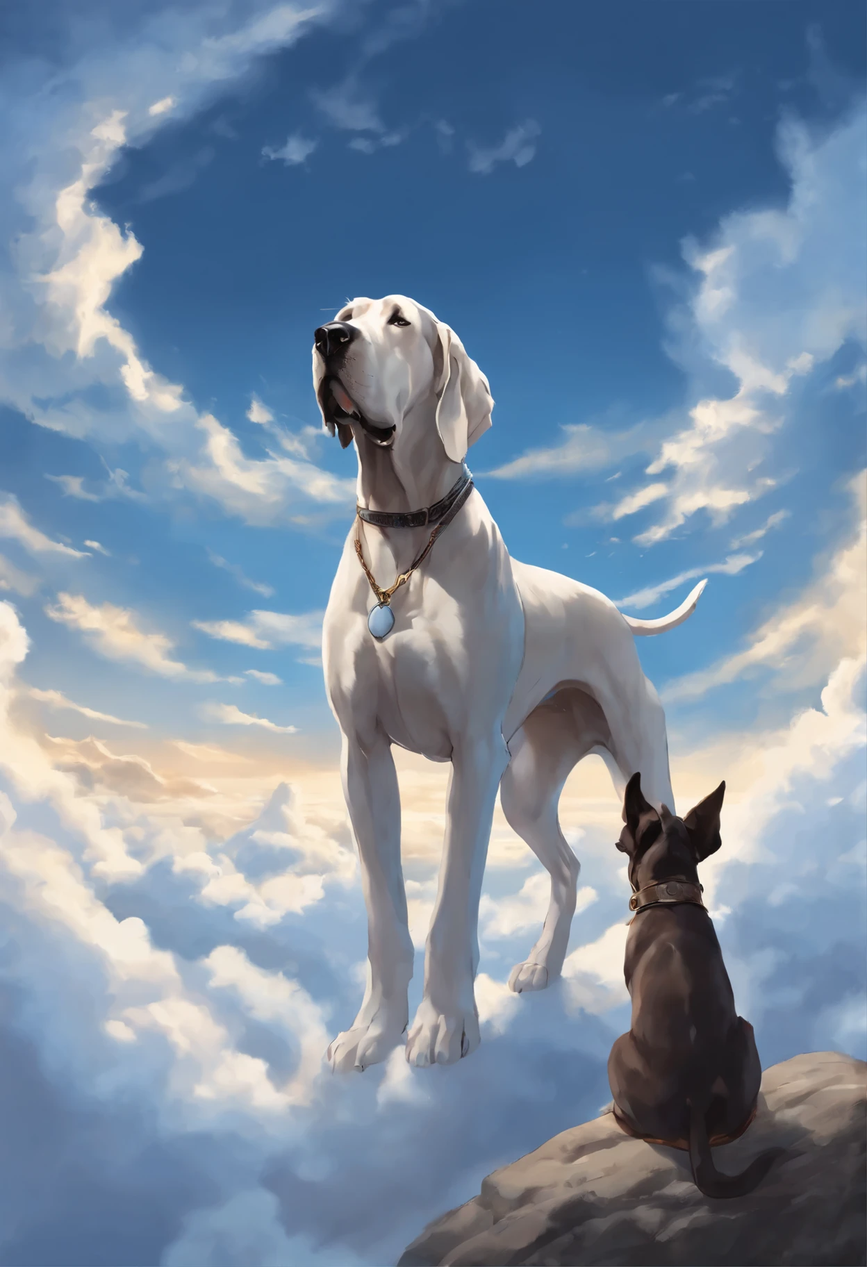 close-up of Great Dane dog walking on the clouds, fluffy clouds, shaggy clouds, casimir art, shigenori soejima illustration, boris valejo. Great Dane dog, detailed anime character art, detailed key anime art, Granblue Fantasy, scary Santa Claus in the art of the demon slayer, Taisho Roman, crisp clear rpg portrait, Masamune Shiro, key anime art