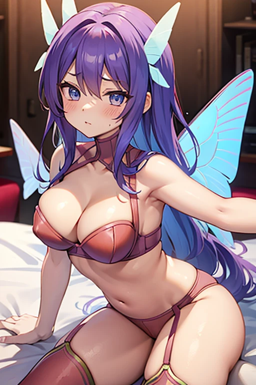 purple hair, blue eyes, hair ornament, butterfly wings, ((red bra)), ((red underwear)), ((red lingerie)), sexy, large breast, bed