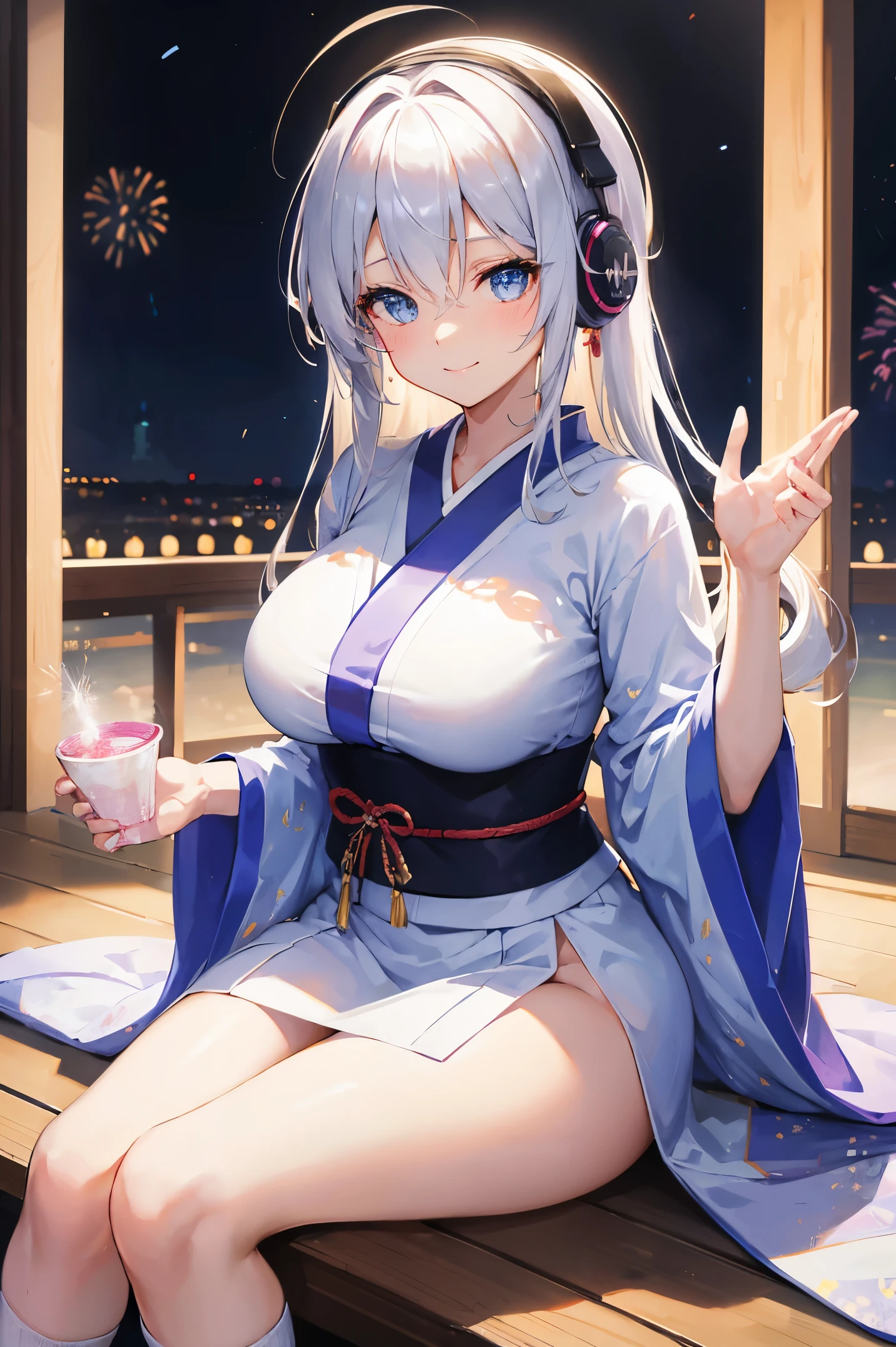 "anime girl, 1 person, silver white hair mixed with black, blue eyes, wearing headphones, women's kimono, same kimono, big breasts, holding cotton candy, long socks, standing cross-legged, shy smile, festival, New Year's Eve fireworks, watch fireworks, solo(full HD Image 4K+)"