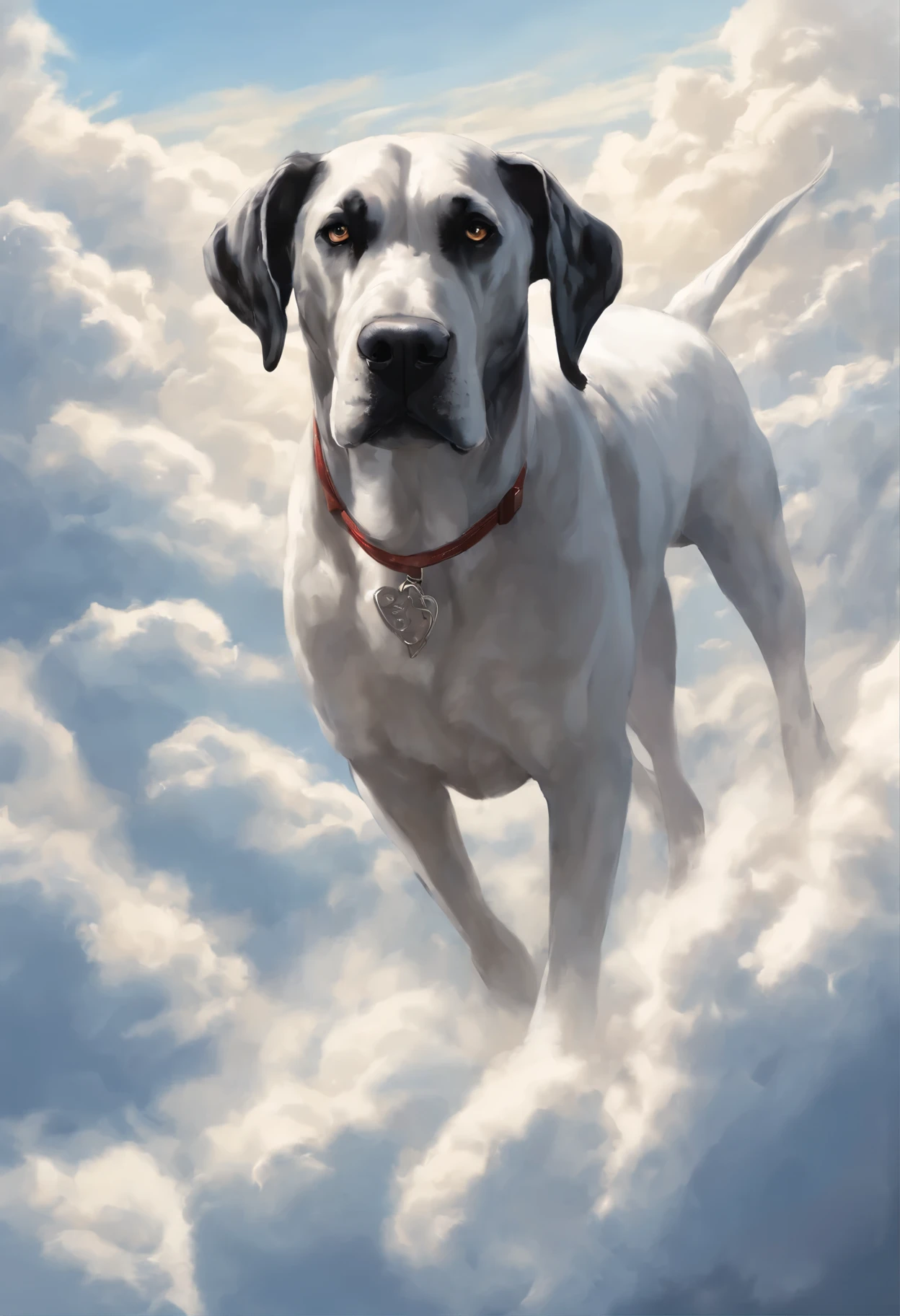 close-up of Great Dane dog walking on the clouds, fluffy clouds, shaggy clouds, casimir art, shigenori soejima illustration, boris valejo. Great Dane dog, detailed anime character art, detailed key anime art, Granblue Fantasy, scary Santa Claus in the art of the demon slayer, Taisho Roman, crisp clear rpg portrait, Masamune Shiro, key anime art