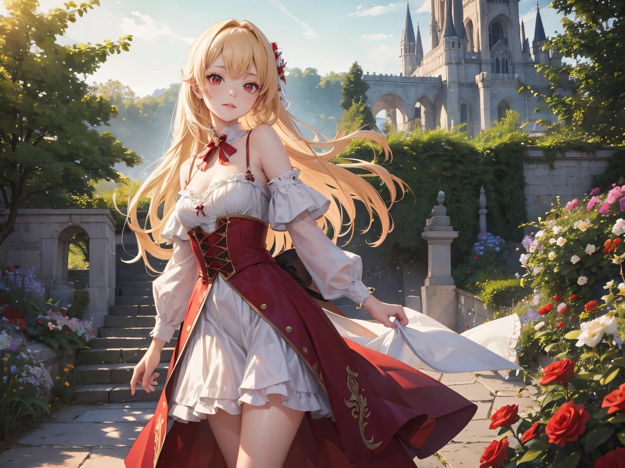 (Masterpiece, Best Quality, High Quality, Highres:1.4), Detailed, girl, solo, long hair, blonde hair, highly detailed hair and eyes, (red eyes:1.5), looking at viewer, cowboy shot, Princess dress, nice hands, perfect hands, light particles, outside the castle within the garden area full of flowers