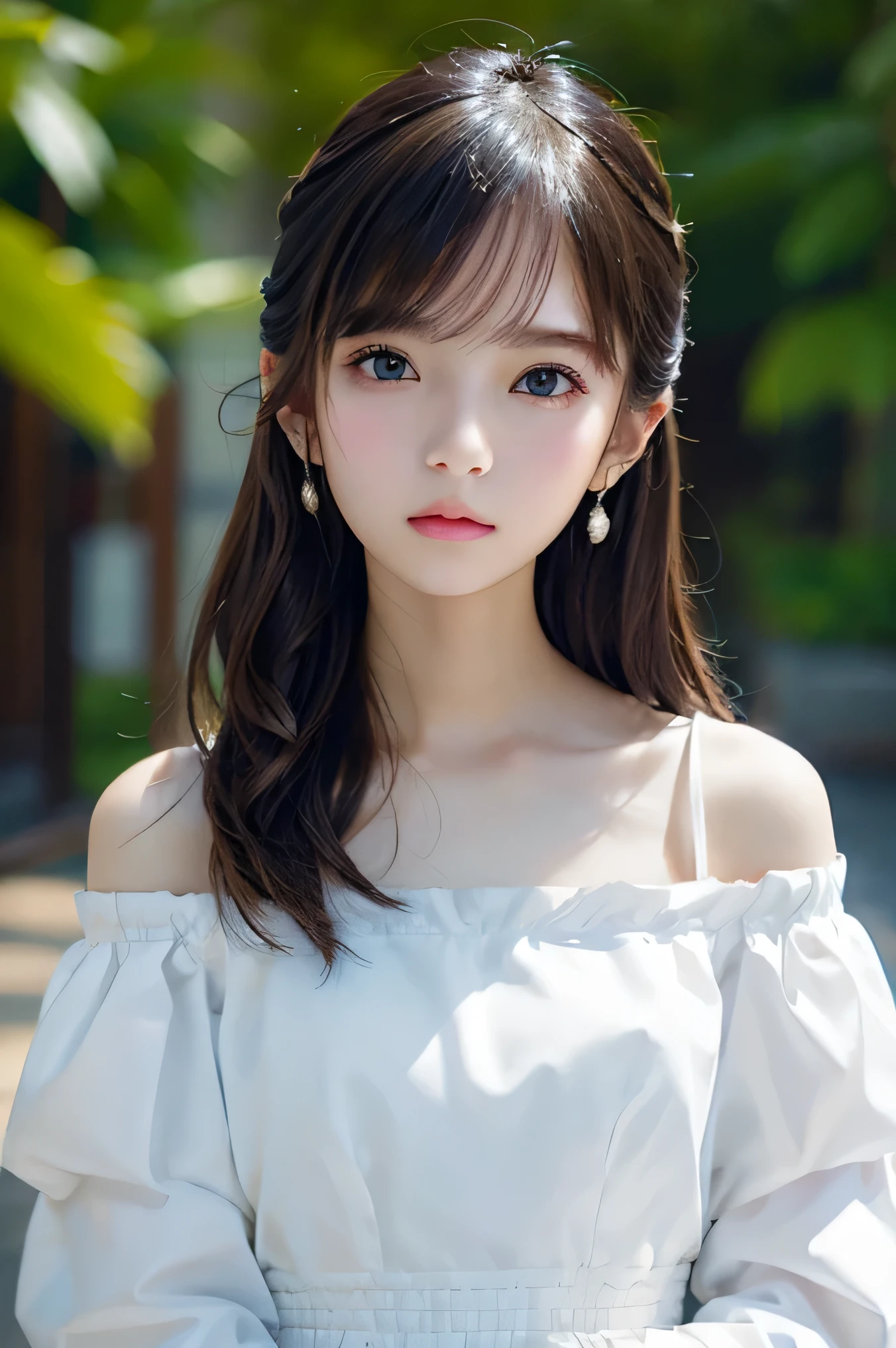 Image from chest up:1.6)、Close-up portrait of a woman wearing white off-shoulder top dress and earrings, soft portrait shot 8 k, lovely delicate face, high-quality 4k portrait, high quality portrait, soft flawless pale skin, 8K highly detailed face, なBeautiful fece繊細な顔, Beautiful fece光の大きな目, beautiful and realistic faces, Beautiful fece14Year old woman, beautiful and realistic faces, cute little14Year old woman