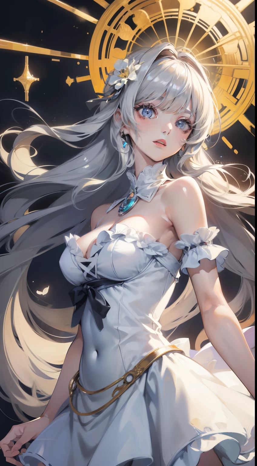 Official art, ヨーロッパの​masterpiece女性,, pale silver hair , azure eyes, (​masterpiece、top-quality、hight resolution: 1.4),in 8K, Anime Art Nouveau, highly detailed exquisite fanart, anime fantasy illustration, clean detailed anime art, detailed anime art, sharp focus of a person, Delicate Beautiful Hair and Eyes and Face, realisitic, ultra-detailliert, Flower Garden,((Delicate, delicate and cute hands)),((elegant shiny dress)),((Lots of races)),((lots of ruffles)),((lots of ribbons))