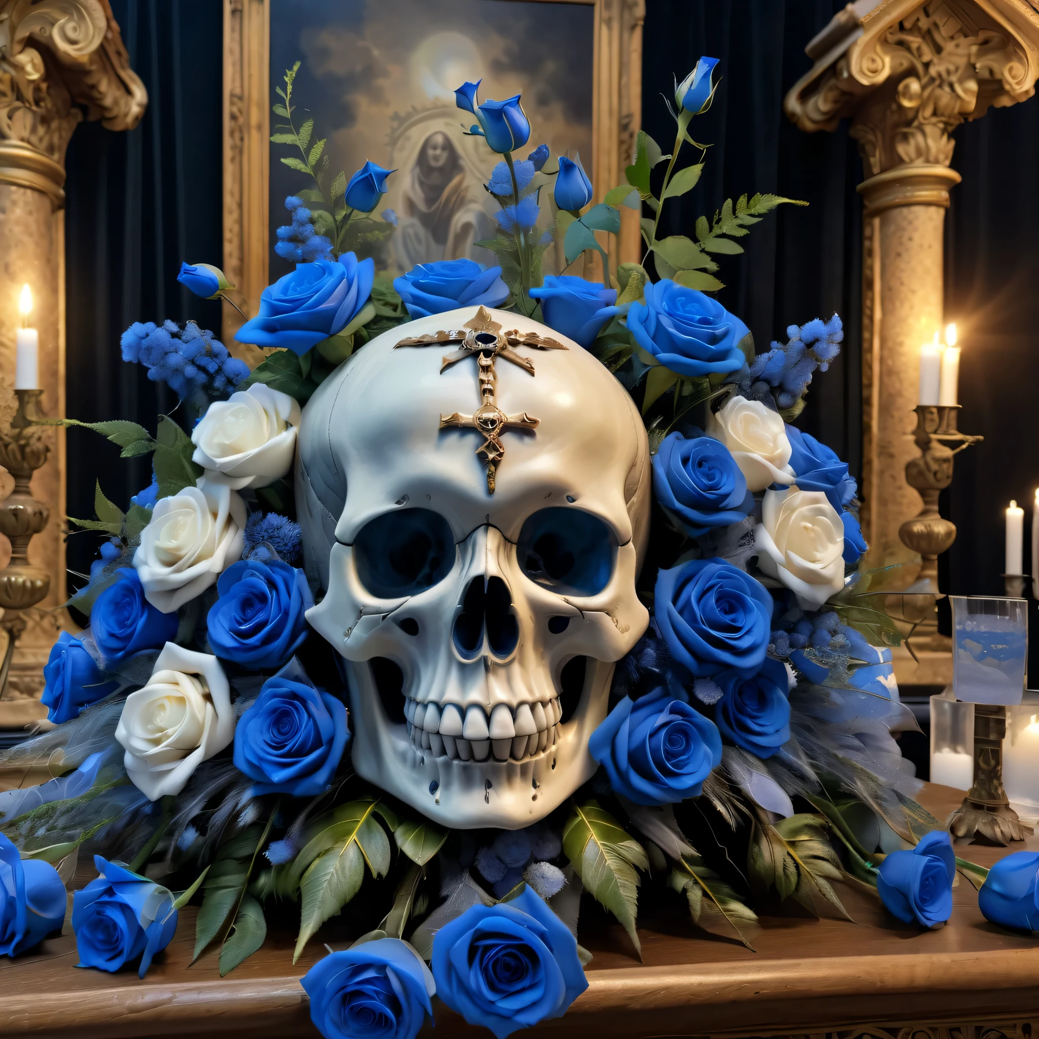 (Best Quality,8K,High resolution,masutepiece:1.2),Ultra-detailed,Eerily realistic crystal skull,elaborate corpse,Bouquet of blue roses,altar,scary theme,horror festival setup