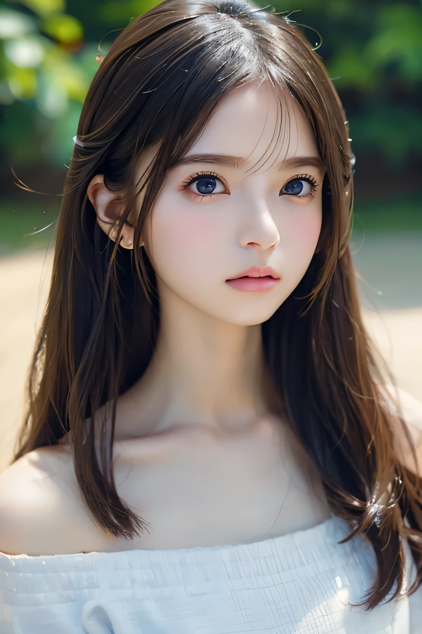 Image from chest up:1.6)、Close-up portrait of a woman wearing white off-shoulder top dress and earrings, soft portrait shot 8 k, lovely delicate face, high-quality 4k portrait, high quality portrait, soft flawless pale skin, 8K highly detailed face, なBeautiful fece繊細な顔, Beautiful fece光の大きな目, beautiful and realistic faces, Beautiful fece14Year old woman, beautiful and realistic faces, cute little14Year old woman