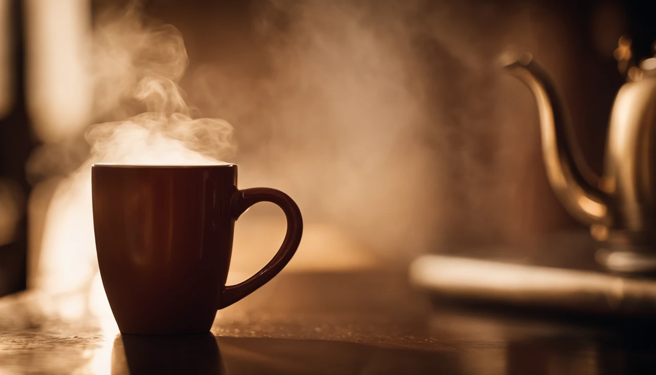a close-up shot of a blank coffee mug mockup, with steam rising from a freshly brewed cup, evoking a sense of warmth and comfort associated with personalization and customization