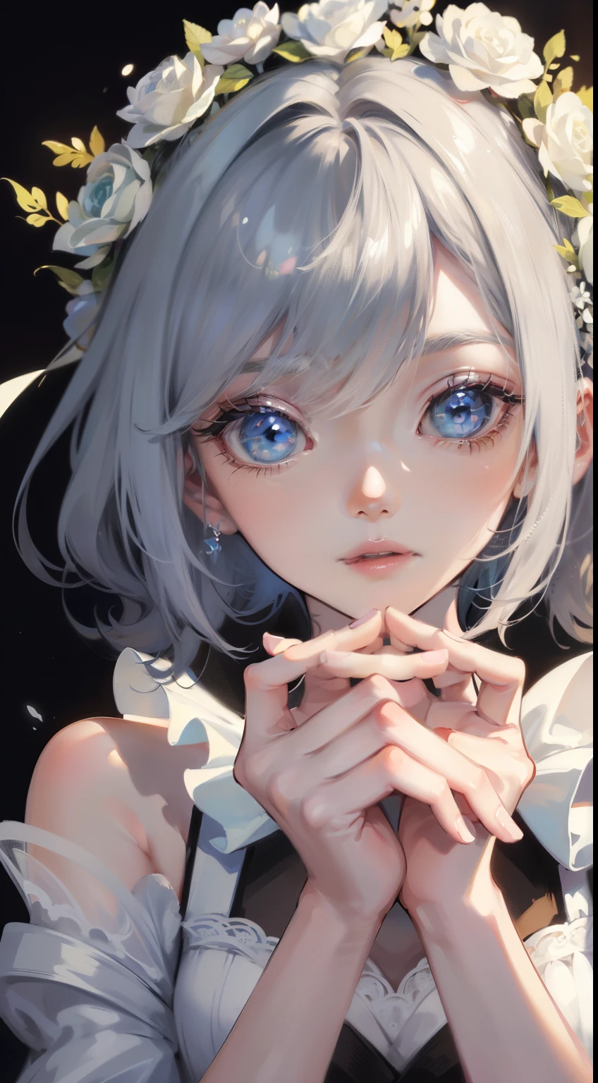 Official art, ヨーロッパの​masterpiece女性,, pale silver hair , azure eyes, (​masterpiece、top-quality、hight resolution: 1.4),in 8K, Anime Art Nouveau, highly detailed exquisite fanart, anime fantasy illustration, clean detailed anime art, detailed anime art, sharp focus of a person, Delicate Beautiful Hair and Eyes and Face, realisitic, ultra-detailliert, Flower Garden,((Delicate, delicate and cute hands)),((elegant shiny dress)),((Lots of races)),((lots of ruffles)),((lots of ribbons))