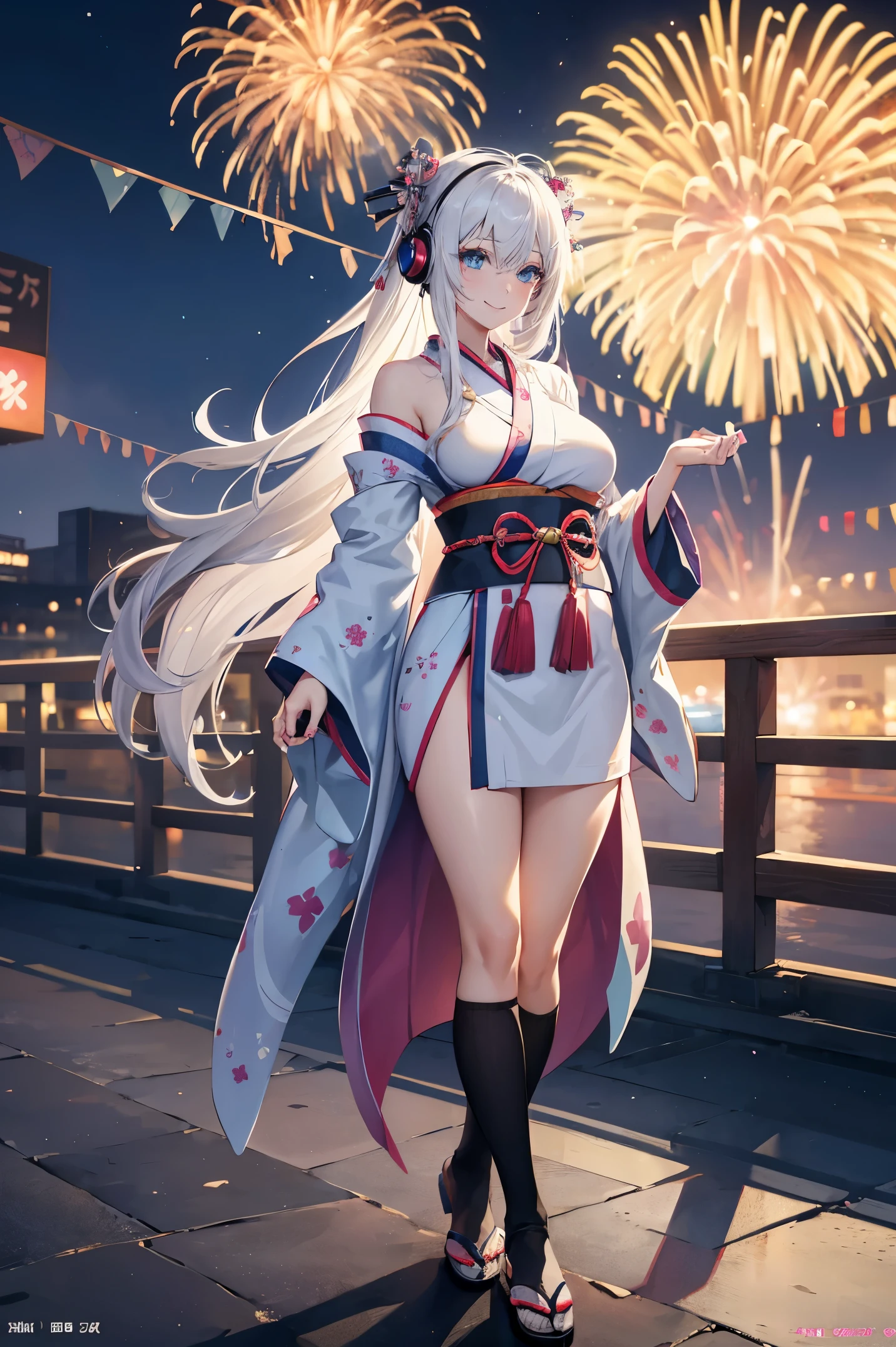 "anime girl, 1 person, silver white hair mixed with black, blue eyes, wearing headphones, women's kimono, same kimono, big breasts, holding cotton candy, long socks, standing cross-legged, shy smile, festival, New Year's Eve fireworks, watch fireworks, solo(full HD Image 4K+)"