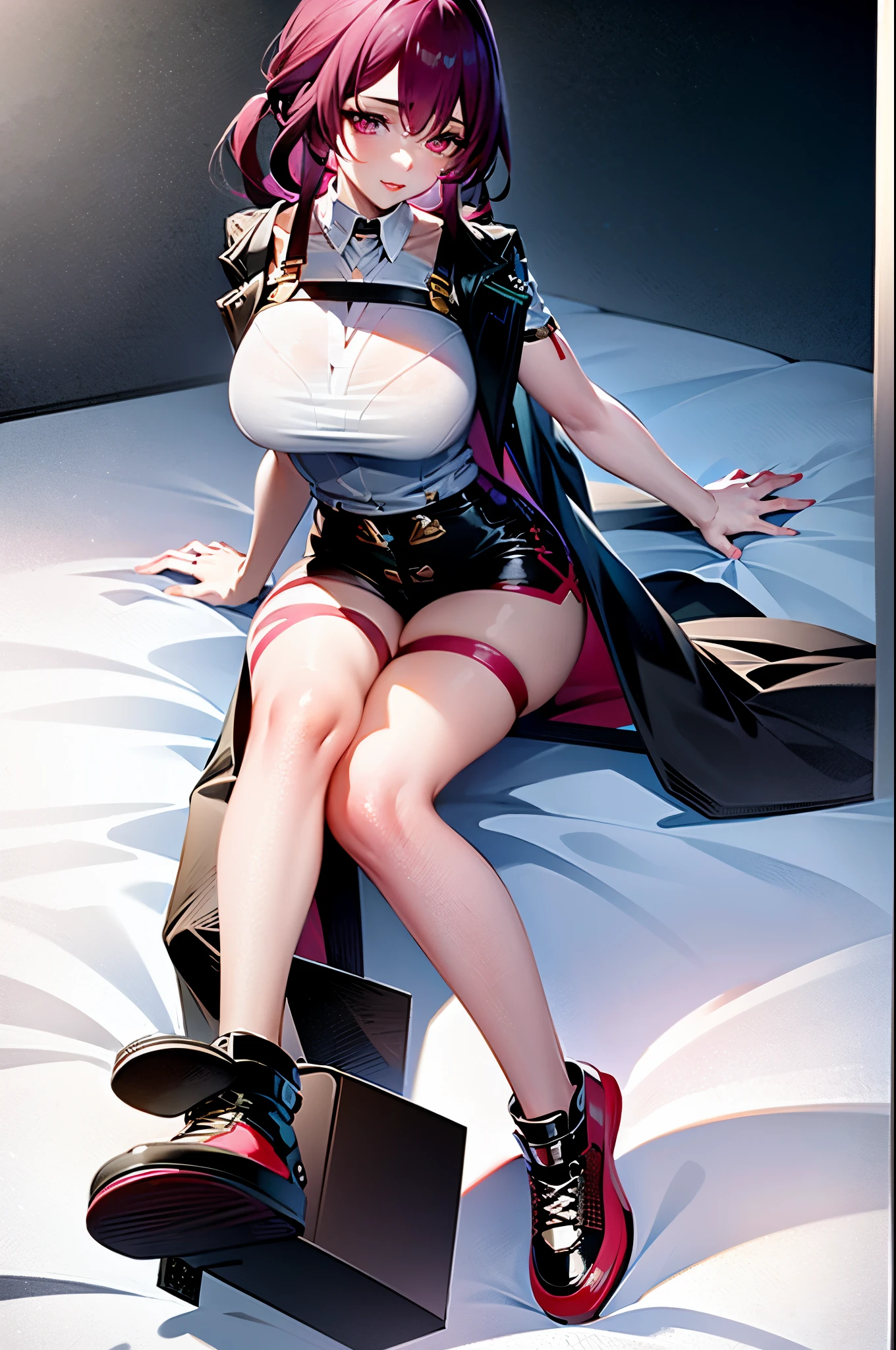 4k, realistic, very detail, there is a girl on a bed, she wearing casual clothes, soft theme, oversize clothes, long hair, wearing stocking, 25 years old, full body, wearing air jordan shoes