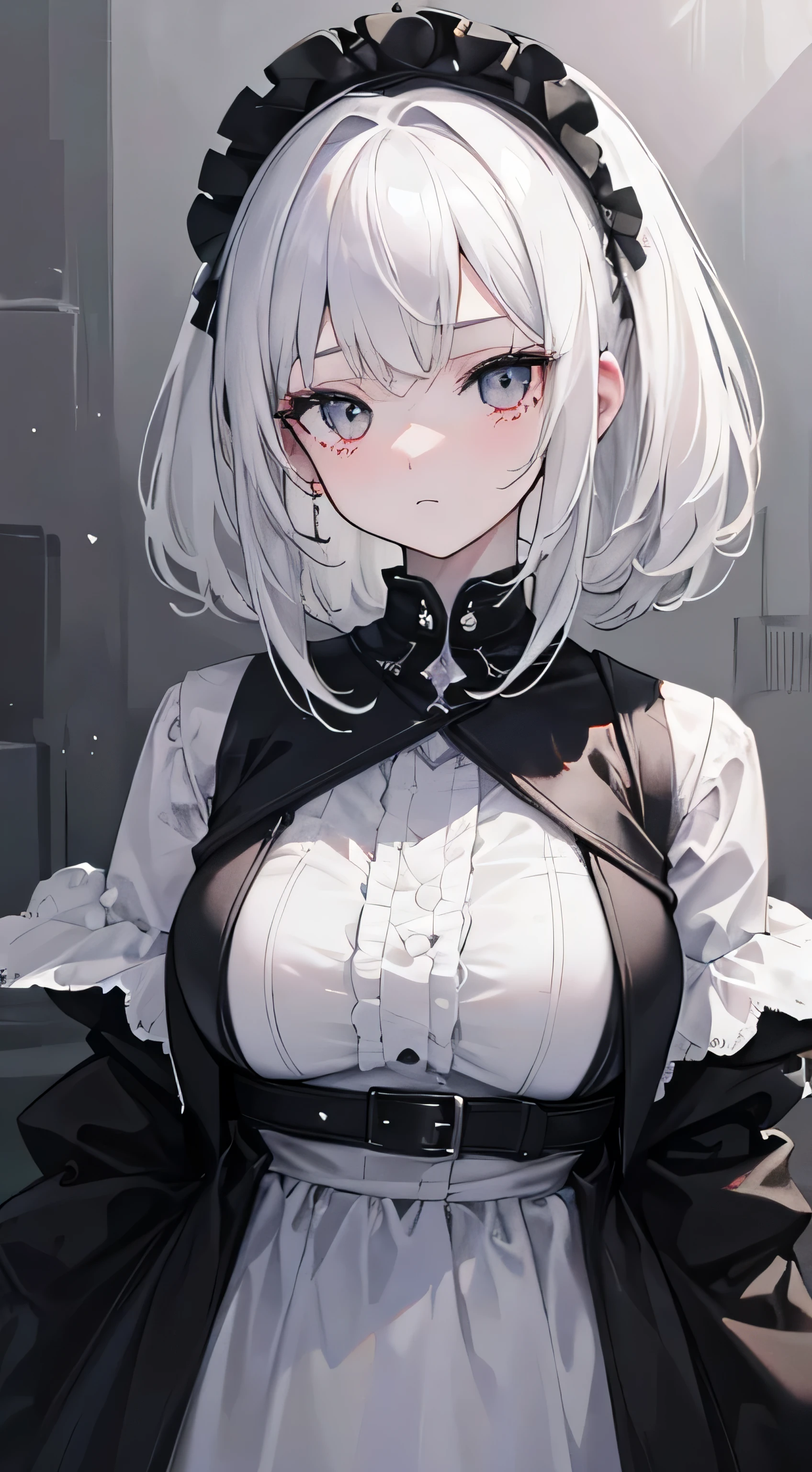 White hair, gray eyes, close up，（（huge breasts）），Grooves reveal original skin