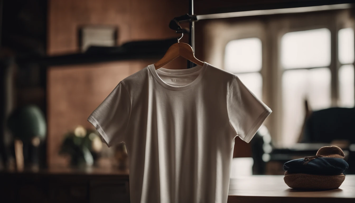 a lifestyle shot of a blank t-shirt mockup, with a hanger or folded neatly, placed against a stylish backdrop, emphasizing the versatility for personalization and branding