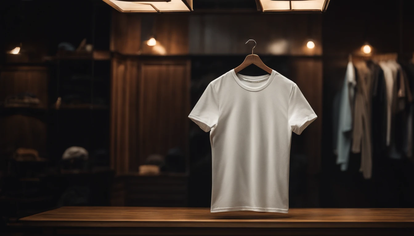 a lifestyle shot of a blank t-shirt mockup, with a hanger or folded neatly, placed against a stylish backdrop, emphasizing the versatility for personalization and branding