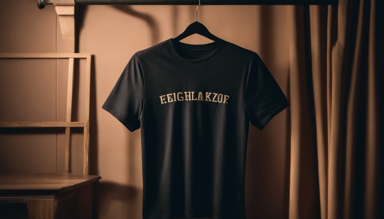 a lifestyle shot of a blank t-shirt mockup, with a hanger or folded neatly, placed against a stylish backdrop, emphasizing the versatility for personalization and branding