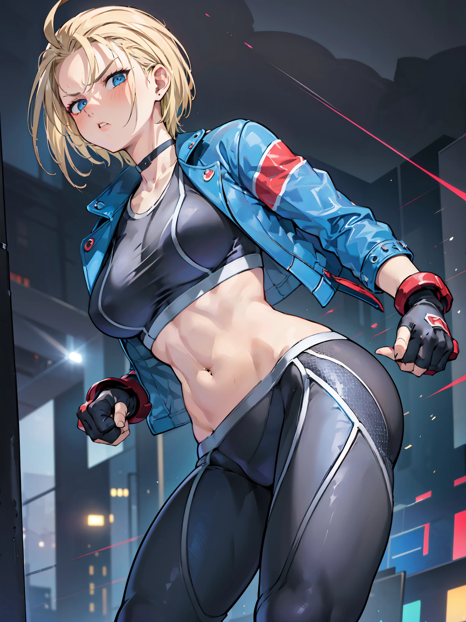 (8K, Raw photography, Best Quality, masutepiece: 1.2), high-definition RAW color photography, Professional Photography, Cinematic Light, (((1girl in))), ((A sexy)), ((a blond, short-cut, Bangs tactile)), (((Cammy))), Cammy white, Cammy from street fighter 6, (((Dark grey sports bra, dark gray tights, blue eyelue jacket))), muscular body, Choker, abdominals, large full breasts, ((left side face scar)), blue eyes, blonde hair, short hair, black choker, black sports bra, blue jacket, black pants, gauntlets, red gloves, socks, boots, (Fine face: 1.2), (glaring: 1.2), (((Neon cityscape, hold in front, Nervousness, Fog))), Background bokeh, telephoto lens, illustratio, ultra-detailliert, hightquality, realisitic, vivd colour, epic lighting, Highly detailed, Photography, masutepiece, hightqualityな, hight resolution, film grains, Professional Lighting,