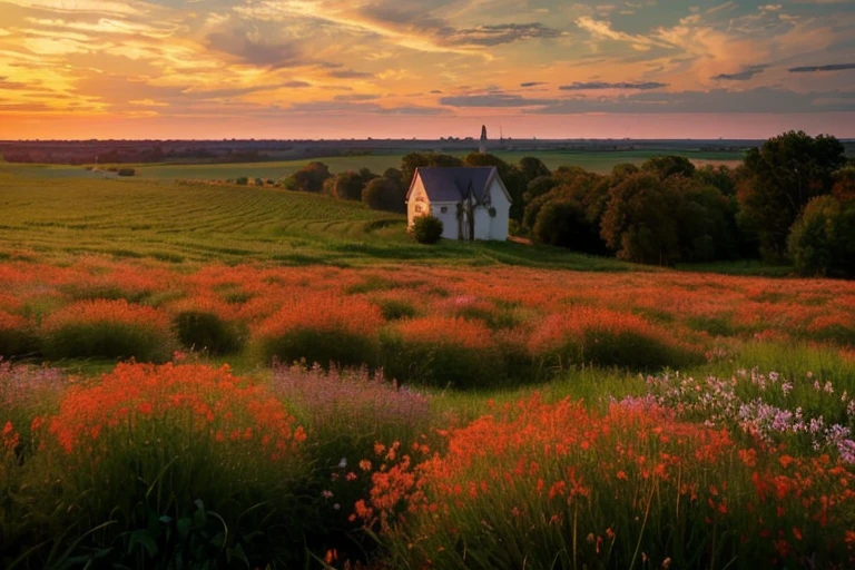 (((Claude Monet style))),Minnesota prairie landscape,There are haystacks everywhere.,the hills are gentle、place々The tree々Overgrown,A white house with white walls built there,((At dusk, the sky turns red、orange, and purples.)).,Several brown horses are eating grass