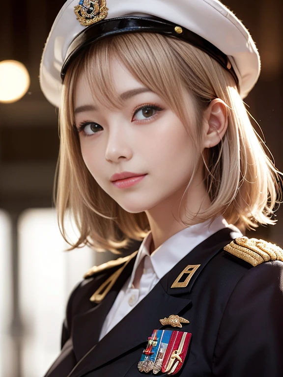 tanned wheat-colored skin、Eye color is random、platinum pink blonde hair color、short-hair、huge tit、Very cute、17 years、Small face、masutepiece、I have a golden ratio face、More detailed texture、Teeth are visible、smiling photogenicly、Japan High School Girl、Both eyes have double eyelids、The tear bags in both eyes are clear、Both eyes are the same size、Very excited、is in estrus、gal make、Beautiful woman like an idol、Super Detail、Uses highly detailed shaded lighting、Cute smile、Best Quality、Depth of subject、Photorealsitic、Super beautiful photo、He wears a white military uniform with luxurious decorations.、You can clearly see the whole body、Has an ergonomically normal body、Whip Body、wearing a white military cap
