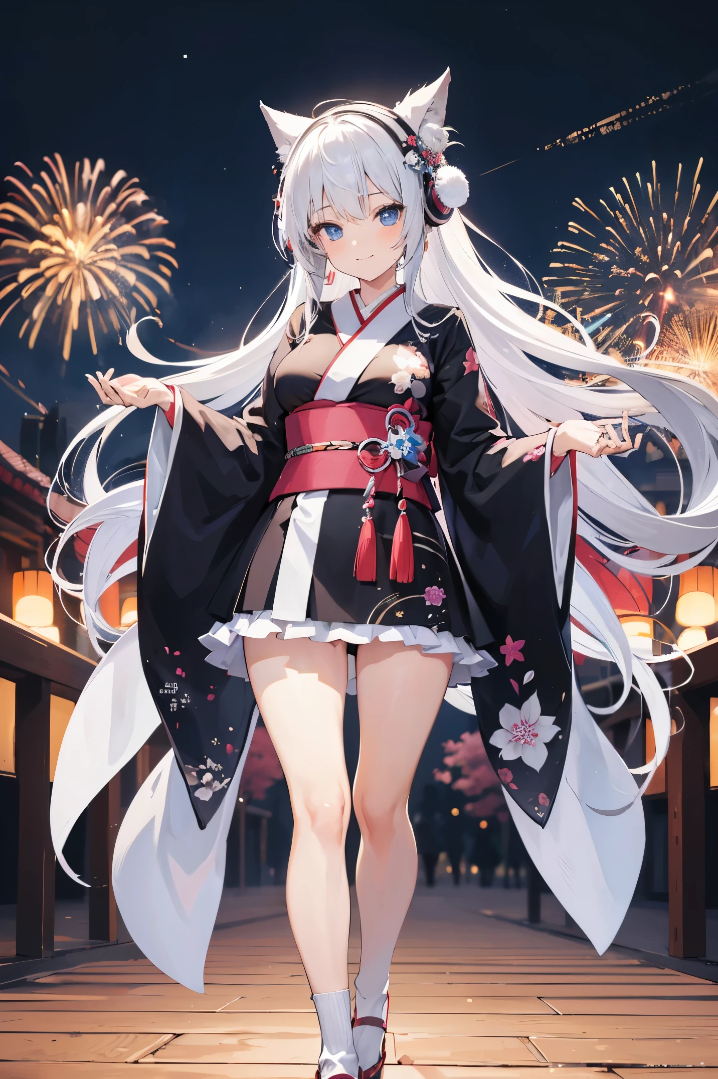 "anime girl, 1 person, silver white hair mixed with black, blue eyes, wearing headphones, women's kimono, same kimono, big breasts, holding cotton candy, long socks, standing cross-legged, shy smile, festival, New Year's Eve fireworks, watch fireworks, solo(full HD Image 4K+)"