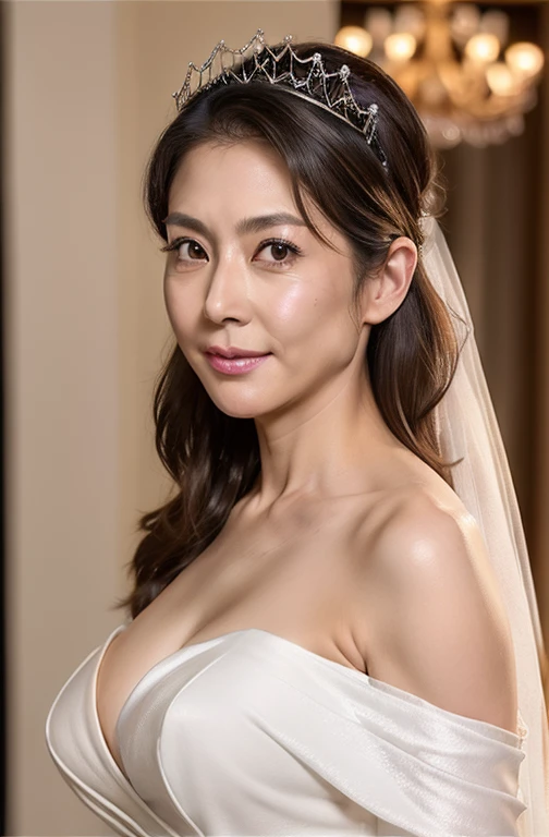 Best Quality, hight resolution, Hires, Skin definition, Detailed skin, Detailed eyes, Detailed face, 4K, 日本人A MILF, ((独奏)), (((50 years old))), (Wrinkles at the corners of the eyes:1.5), (nasolabial folds:1.5), A MILF, glamor, A sexy, Chromo-white skin, ((Straight Long Hair)), Looking at Viewer,(((Aging skin:1.5))), ((loose muscles:1.5)), (((A slender))), (((Very large breasts:1.28))), ((Saggy udder)), (Saggy buttocks), ((Japanese Models)), 4K, (photoRealistic:1.5), Realistic, nffsw, Beautiful, Bimbo, Perfect makeup, small diamond necklace, piercings, ((weddingdress, veils, tiarra)), ssmile, chies,