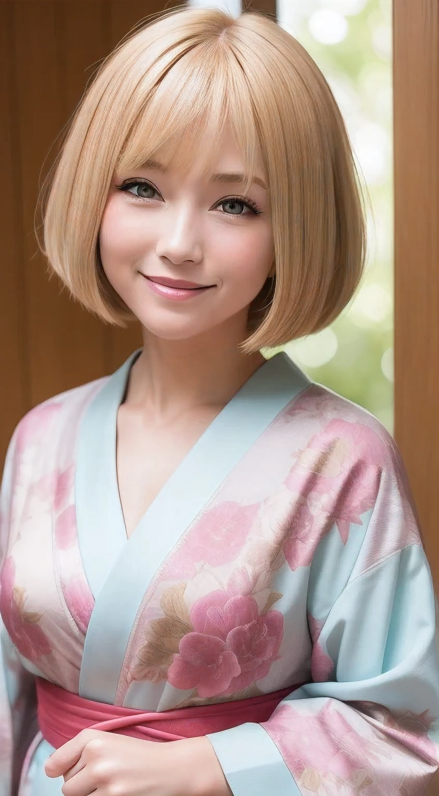 masutepiece, Best Quality, Upper body, Cute, Smile, shrines, shining background, Kimono, front facing, front-facing view, Body Forward, The body is facing forward, An American woman, Golden hair, American Women, blond woman in a, bob cuts, American Face, A slender, head shot