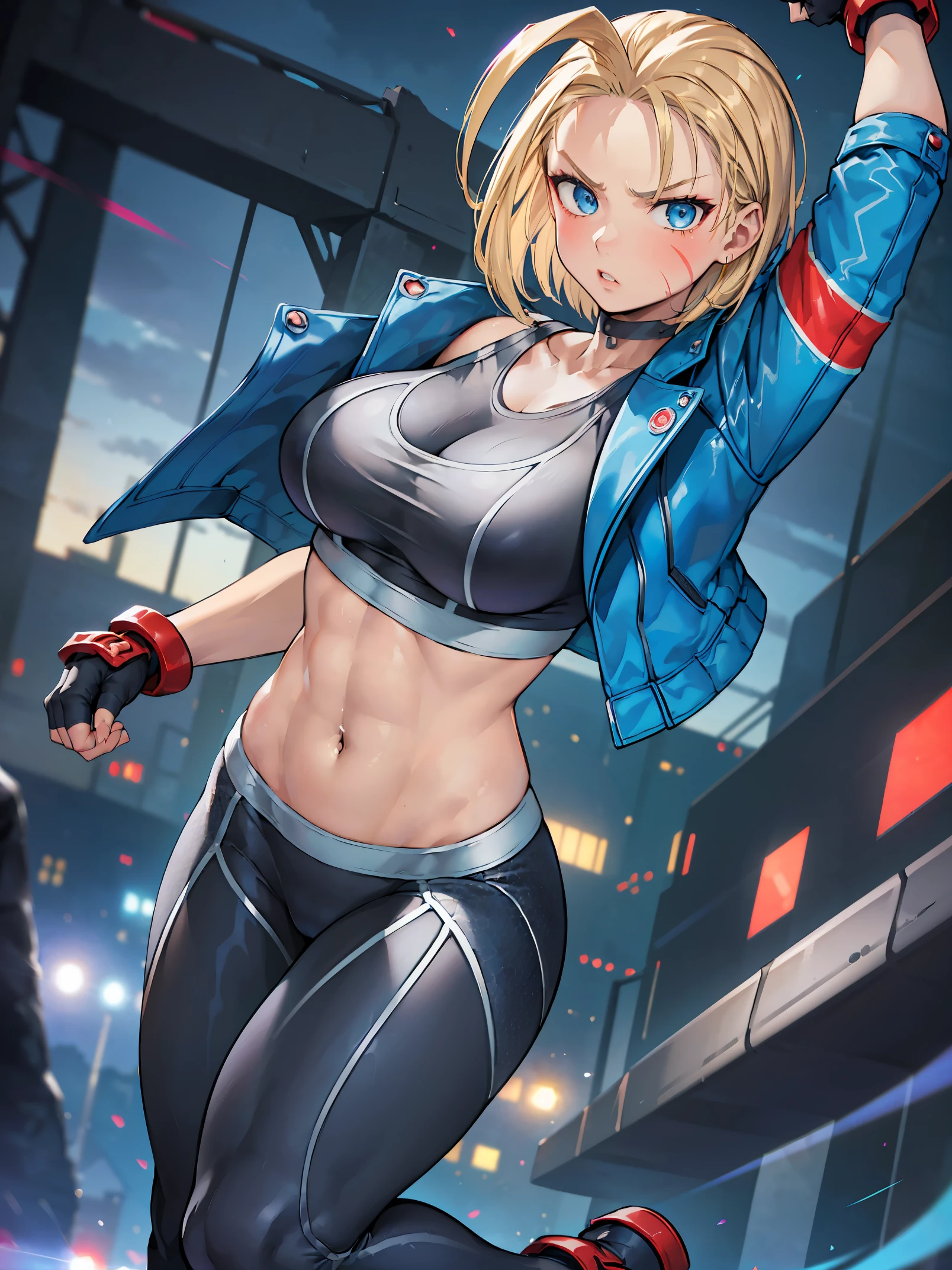 (8K, Raw photography, Best Quality, masutepiece: 1.2), high-definition RAW color photography, Professional Photography, Cinematic Light, (((1girl in))), ((A sexy)), ((a blond, short-cut, Bangs tactile)), (((Cammy))), Cammy white, Cammy from street fighter 6, (((Dark grey sports bra, dark gray tights, blue eyelue jacket))), muscular body, Choker, abdominals, large full breasts, ((left side face scar)), blue eyes, blonde hair, short hair, black choker, black sports bra, blue jacket, black pants, gauntlets, red gloves, socks, boots, (Fine face: 1.2), (glaring: 1.2), (((Neon cityscape, Kick up, Jump Action, Sense of speed, Dynamism))), Background bokeh, telephoto lens, illustratio, ultra-detailliert, hightquality, realisitic, vivd colour, epic lighting, Highly detailed, Photography, masutepiece, hightqualityな, hight resolution, film grains, Professional Lighting,