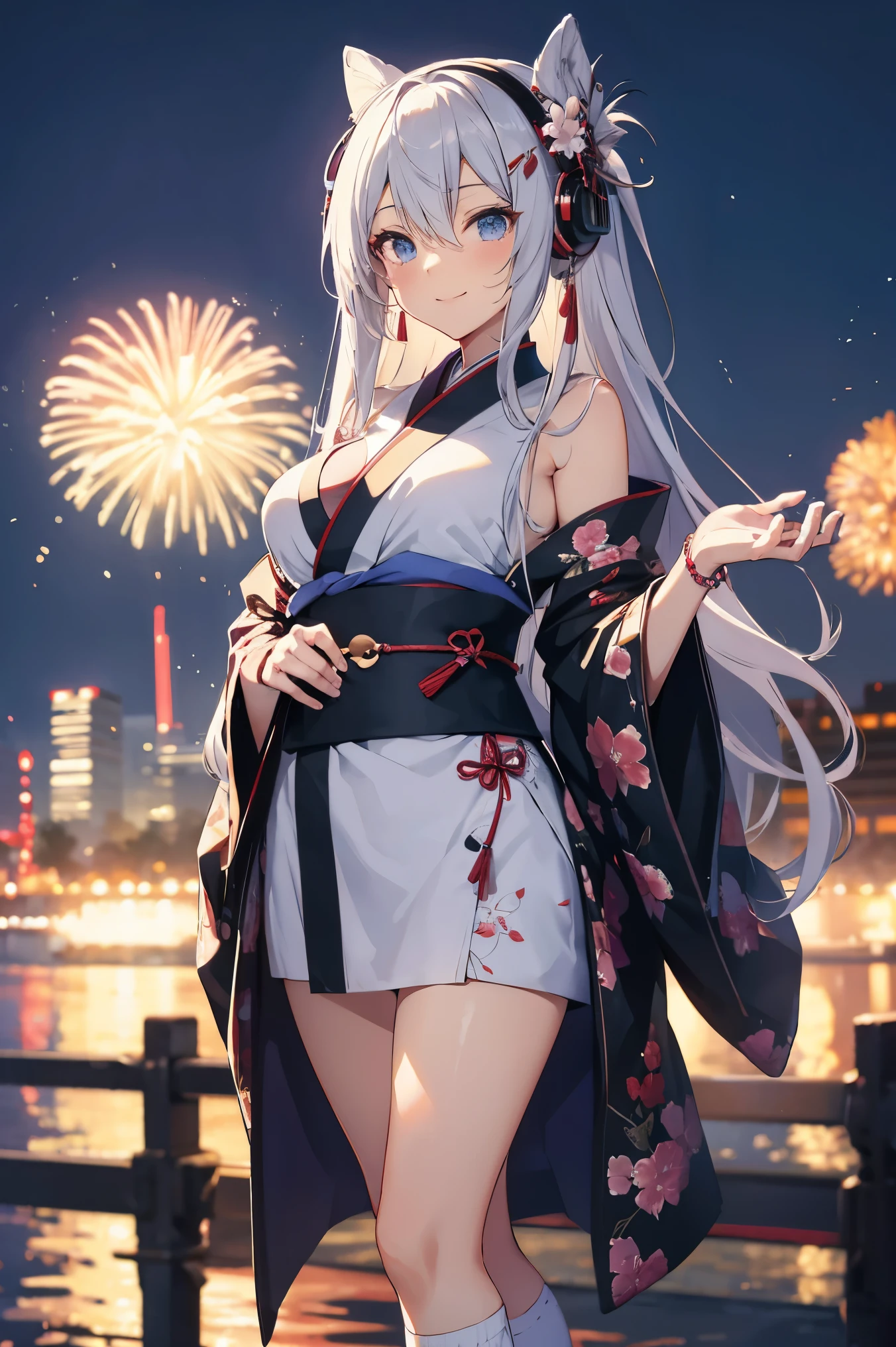 "anime girl, 1 person, silver white hair mixed with black, blue eyes, wearing headphones, women's kimono, same kimono, big breasts, holding cotton candy, long socks, standing cross-legged, shy smile, festival, New Year's Eve fireworks, watch fireworks, solo(full HD Image 4K+)"