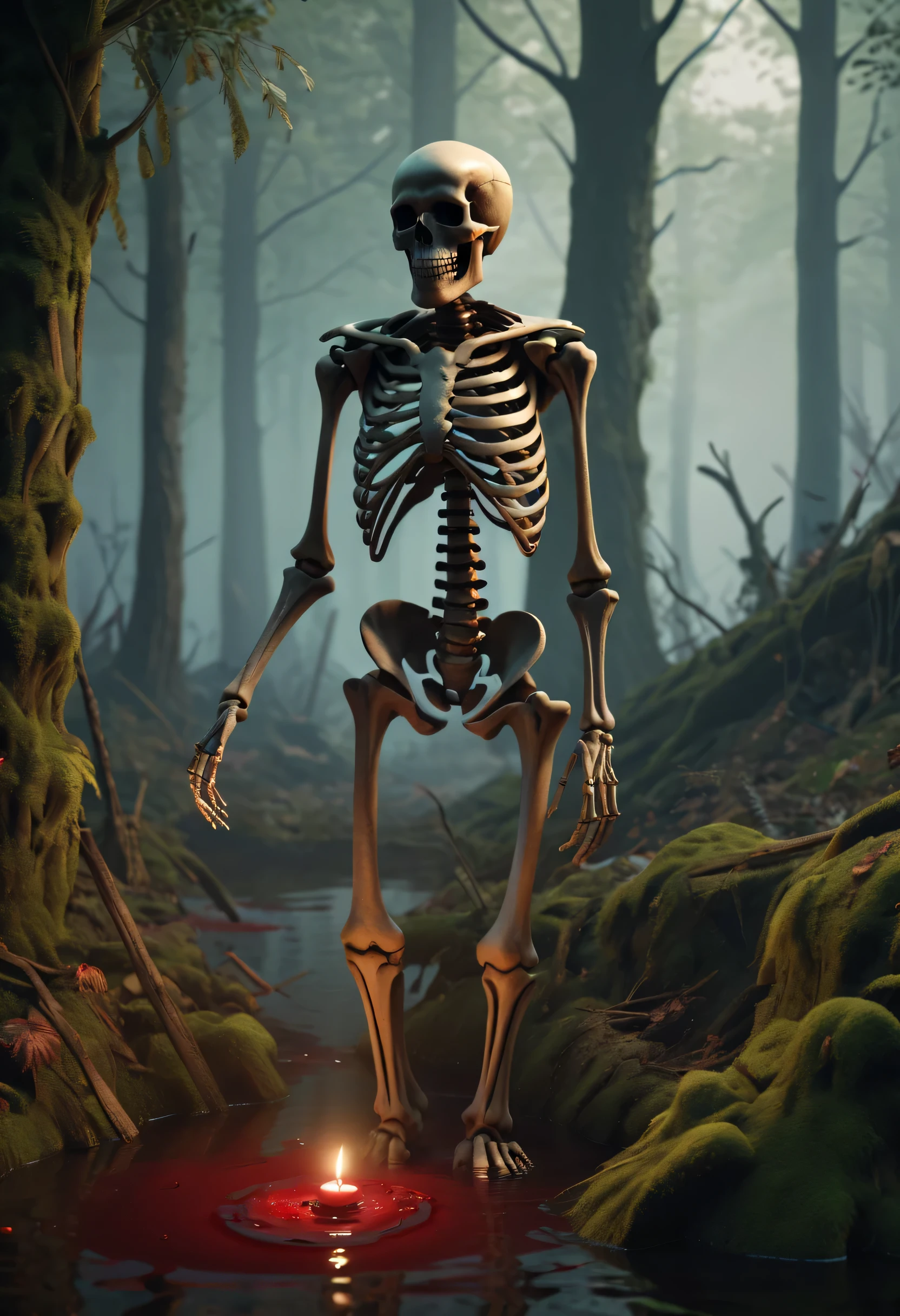 (Best Quality,4K,8K,hight resolution,masutepiece:1.2),Ultra-detailed,Realistic skeleton,altar,dead body,Blood:1.2,forest,swamp