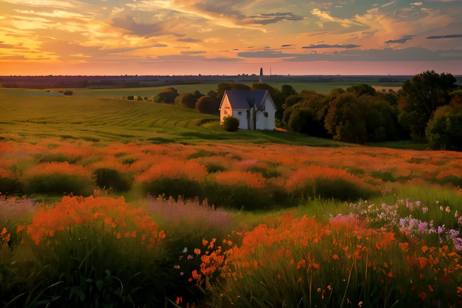 (((Claude Monet style))),Minnesota prairie landscape,There are haystacks everywhere.,the hills are gentle、place々The tree々Overgrown，A white house with white walls built there,((At dusk, the sky turns red、orange, and purples.)).,Several brown horses are eating grass