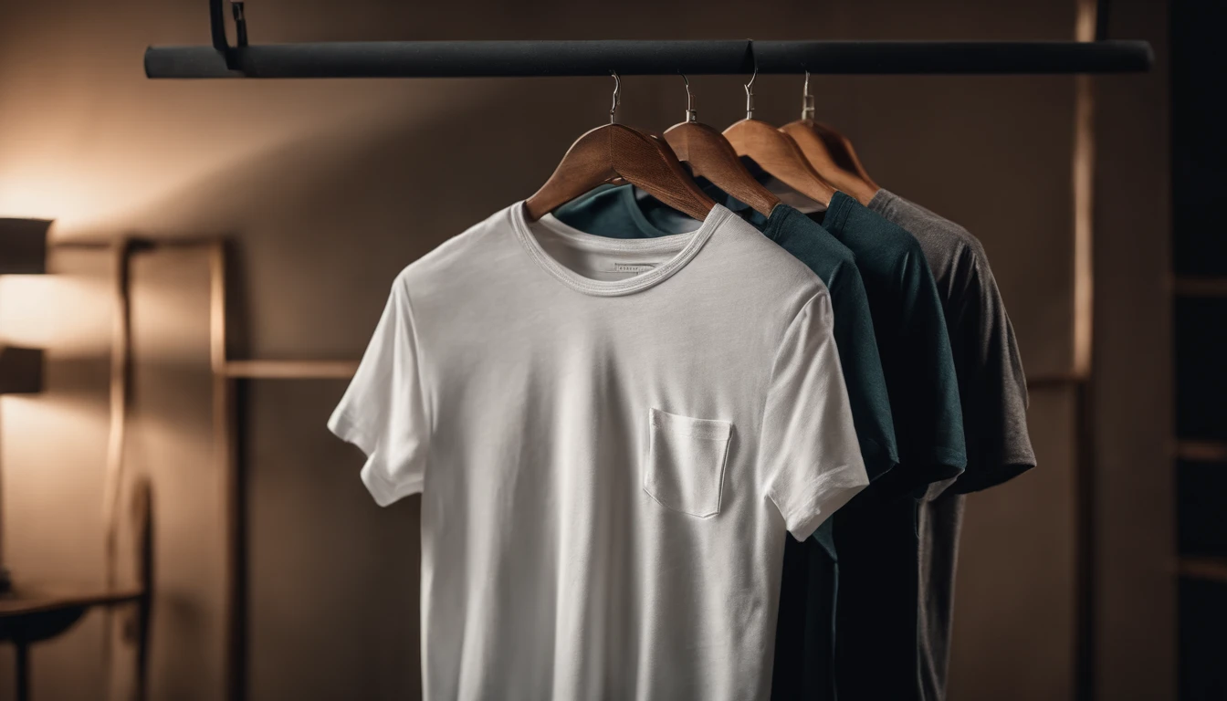 a lifestyle shot of a blank t-shirt mockup, with a hanger or folded neatly, placed against a stylish backdrop, emphasizing the versatility for personalization and branding
