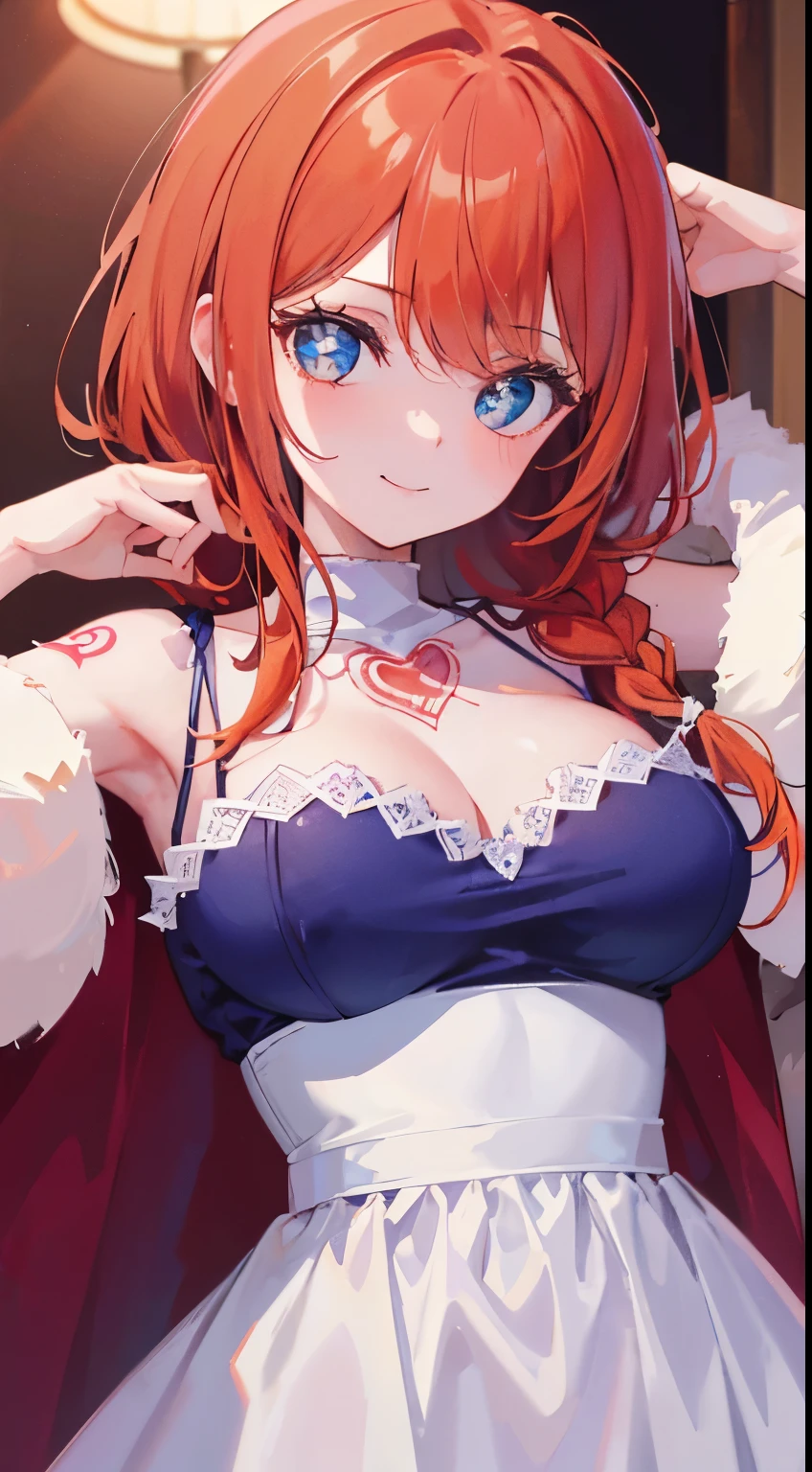 18 year old beautiful girl, blue big eyes,  Petite and slender、slightly large breast, ((scarlet orange hair,)),(Loose fluffy short braided hair), in 8K, of the highest quality, (Highly detailed head: 1.0), (Very detailed face: 1.0), (very detail hair: 1.0),(obscene princess costume)、sexy tattoo, Detailed official artwork, anime moe art style, clean detailed anime art,cool smile