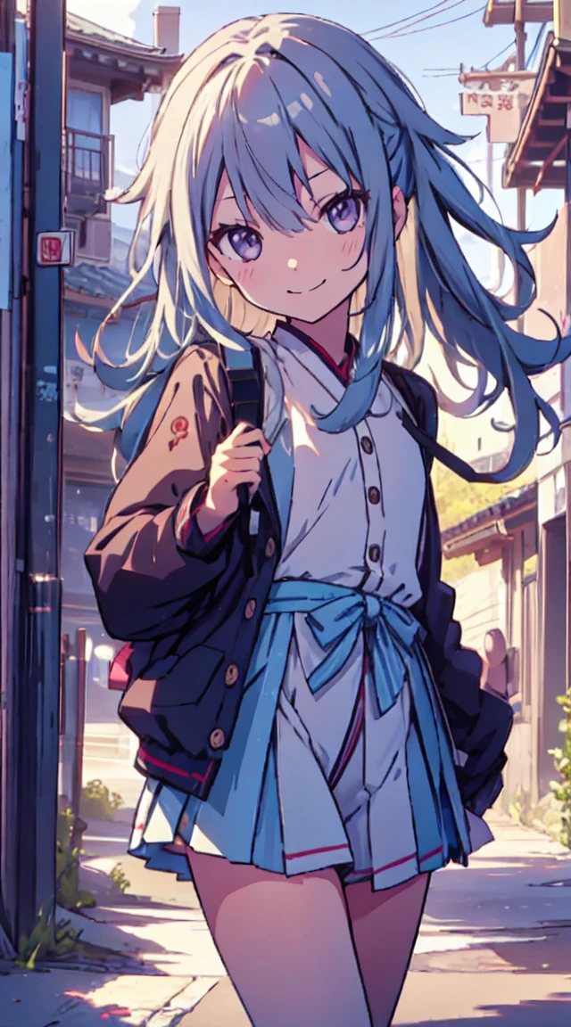 masutepiece, Best Quality,Illustration, Wallpaper, ultra -detail, 1loli、♡、Futomo、Poses in motion、mischievous smile、校服、In the street