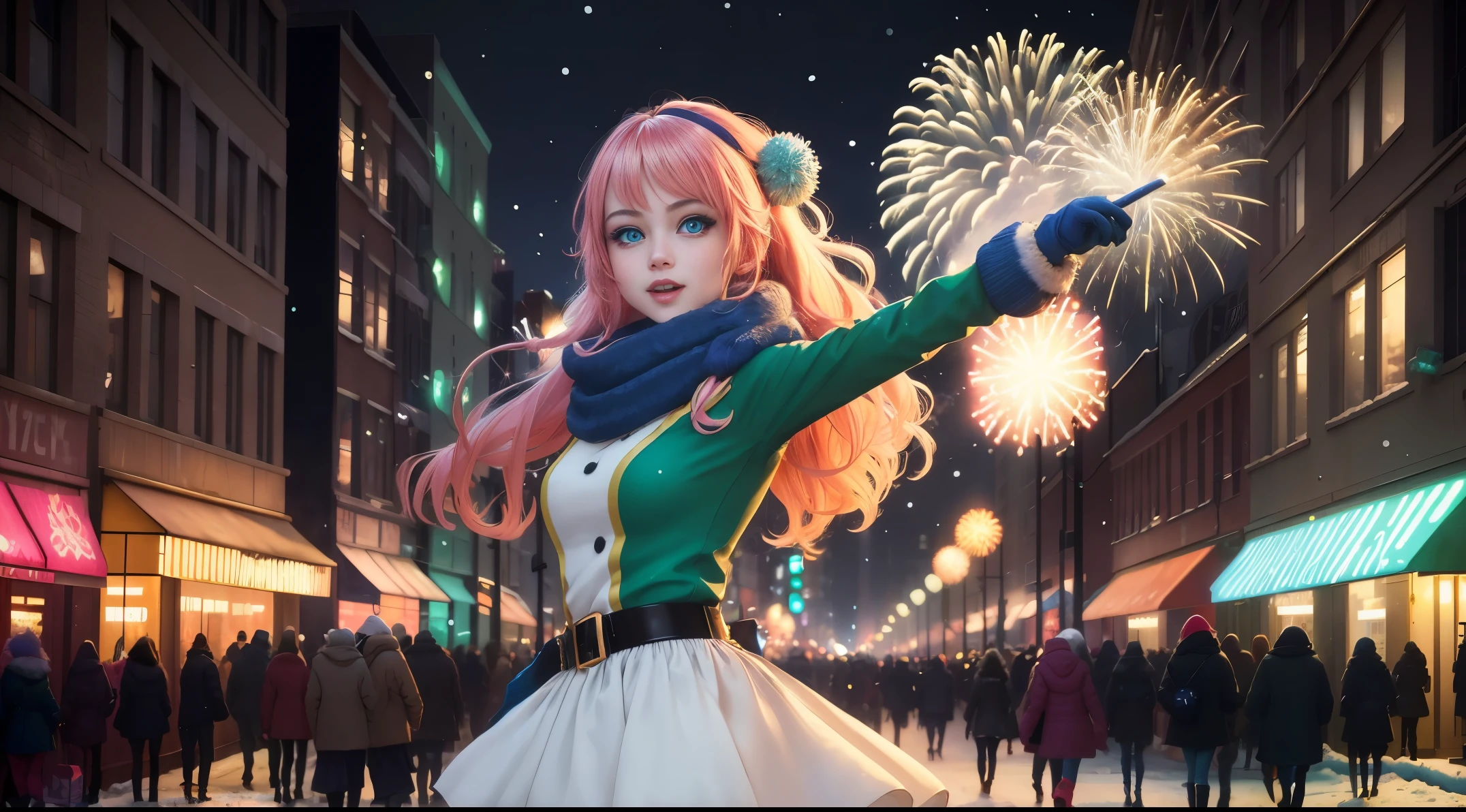 (anime girl),blue-green eyes, New Year's Eve street,London,night scene,city lights,celebration,fireworks,festive atmosphere,,glittering decorations,crowds of people,colorful costumes,dynamic poses,playful expression,vibrant colors,neon signs,sparkling snowflakes,illuminated buildings,bustling energy,winter fashion,street vendors,snow-covered streets,wonderland-like setting,joyful ambiance,HDR,high-res,photorealistic