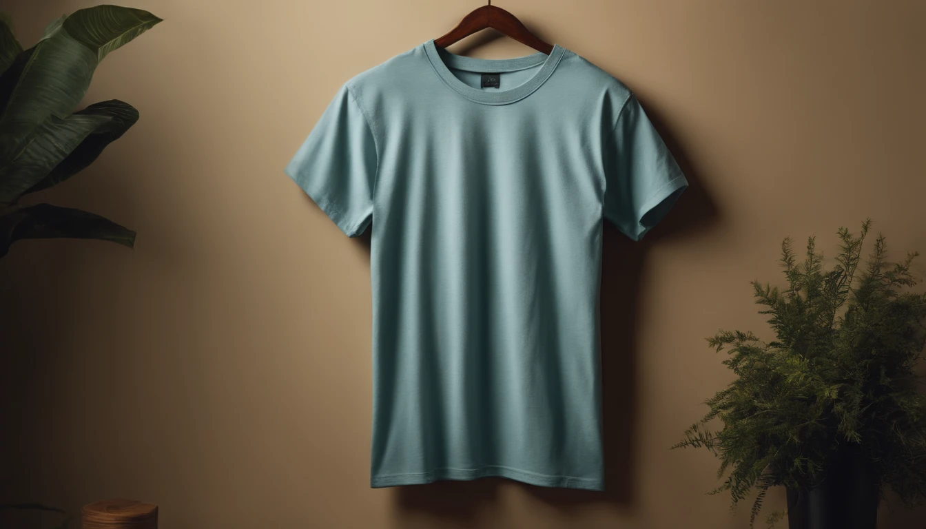 a lifestyle shot of a blank t-shirt mockup, with a hanger or folded neatly, placed against a stylish backdrop, emphasizing the versatility for personalization and branding