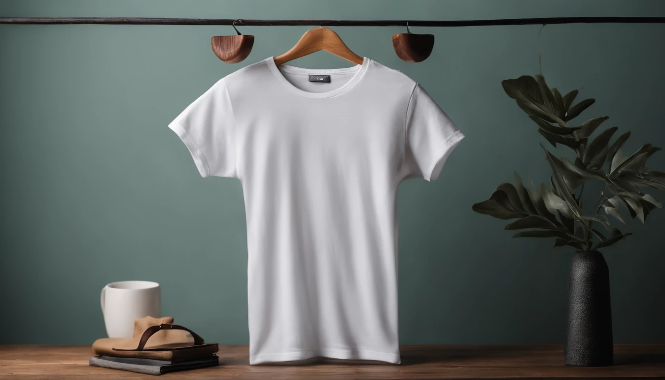 a lifestyle shot of a blank t-shirt mockup, with a hanger or folded neatly, placed against a stylish backdrop, emphasizing the versatility for personalization and branding