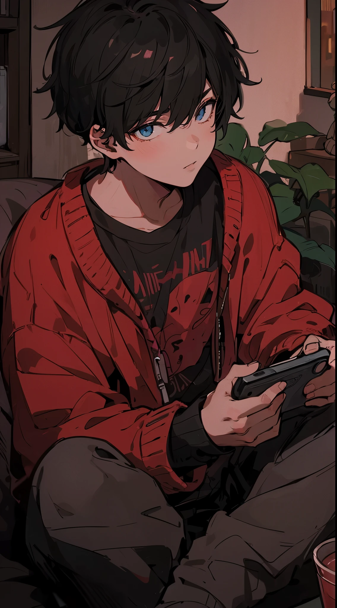 high quality, amount of drawing, pixiv illustration, A scene depicting a handsome young man sitting comfortably on a sofa in the living room of a modern urban apartment, deeply engaged with a portable gaming device. He is captivated by the colorful characters on the game screen. His attire is casual, wearing jeans and a simple T-shirt. His hair is slightly long, falling carelessly. The room features a large window revealing a city nightscape. The walls are adorned with art pieces, and the room is bathed in warm lighting. This scene represents the fusion of contemporary youth lifestyle and technology