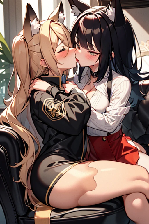 busty girl、Two people、lesbian、Animal ears、Animal tail、Lesbian kiss、,Sitting on a chair、red blush、Troubled face、Academy of Magic Uniform、Gradient Hair、、Elegant coat、Clothes with fur、Conspiracy look、Provocative facial expressions、Ridicule、Laugh、 Various poses、Luxurious decoration in gold、Luxurious two-seat chair、The long-haired、