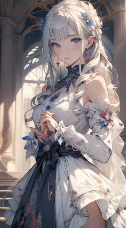 Official art, ヨーロッパのmasterpiece女性,, pale silver hair , Dark blue eyes, (masterpiece、top-quality、hight resolution: 1.4),in 8K, Anime Art Nouveau, highly detailed exquisite fanart, anime fantasy illustration, clean detailed anime art, detailed anime art, sharp focus of a person, Delicate Beautiful Hair and Eyes and Face, realisitic, ultra-detailliert, Flower Garden,((Delicate, delicate and cute hands)),((elegant shiny dress)),((Lots of races)),((lots of ruffles)),((lots of ribbons))