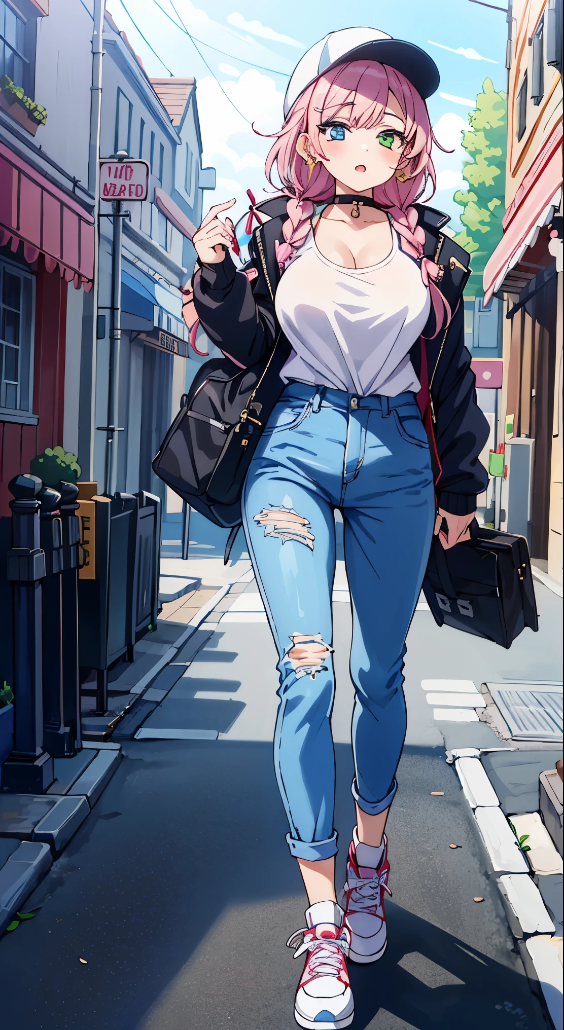 (masterpiece, Transparent air, Transparent eyes,Best Quality, Perfect Anatomy, High quality:1.4), absurderes, absolutely resolution, unbelievable Ridiculous, hight resolution, ultra-detailliert, Official art, Unity 8k壁纸, Kinetic typography,nice hand, Perfect hands, Detailed beautiful hands, Large_filesize, fulcolor, hight resolution, symmetric, exceptional, Best aesthetic, newest, Anime, very beautiful detailed body,The hair,faces,The eye,
BREAK,
1 beautiful girl, (17 years old girl),Solo,(Cute:1.5),(Chibi:0.6),(kawaii:1.5),(Lori:0.5),BREAK,(17 years old girl), 1 beautiful girl,Very detailed,colourfull,highest details,Clear skin,Beautiful skin,Shy,Very detailed,colourfull,highest details,BREAK,Clear skin,Beautiful skin,Shy skin,BREAK,(Heterochromia,blue eyess,Green eyes, Eye Highlights,The first hyperfine stars:1.45),star eye silhouette
,BREAK,(Pink hair, Medium length:1.4),(Twin braids,A little curly hair,Princess Cut, crossed bangs:1.3),(large breasts,Beautiful breasts,Large breasts:1.5),(long eyelashes, Double eyelids:1.2),Solo,gleaming skin, Clear skin, Beautiful skin,(best quality face),(Top quality glowing eyes),(Doya face,brave face:1.45) ,
BREAK,Fashion Modern Streetwear, Sophisticated silk baseball cap with minimalist design, Oversized silk bomber jacket paired with damaged jeans, Fashion forward sneakers or ankle boots, Silk scarf that can be tied as a choker or wrapped around the wrist Silk scarf to tie as a choker or wrap around the wrist, Sophisticated crossbody bag with statement hoop earrings, - Makeup with edgy, bold lips, - Sophisticated silk baseball cap, oversized silk bomber jacket paired with damaged jeans, Fashion forward sneakers or ankle boots
BREAK,(morning), ,(The city at night is wrapped in beautiful flowers of light. This light illuminates the buildings and streets of the city, dispelling the darkness. The flowers of light brighten people’s hearts and bring hope and joy. This scene is a symbol of beauty and hope, a moving moment.)dept