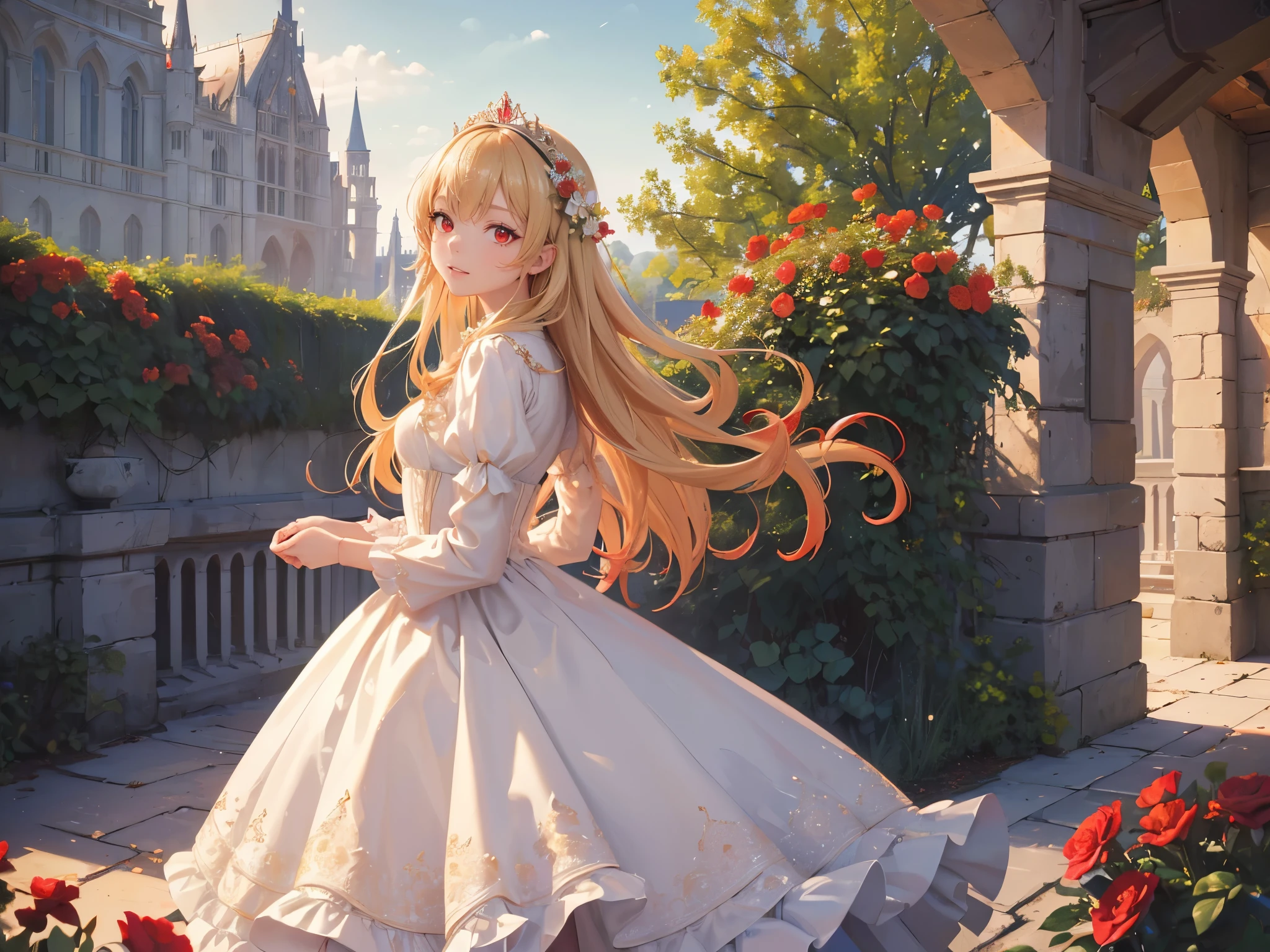 (Masterpiece, Best Quality, High Quality, Highres:1.4), Detailed, girl, solo, long hair, blonde hair, highly detailed hair and eyes, (red eyes:1.5), looking at viewer, cowboy shot, Princess dress, nice hands, perfect hands, light particles, outside the castle within the garden area full of flowers