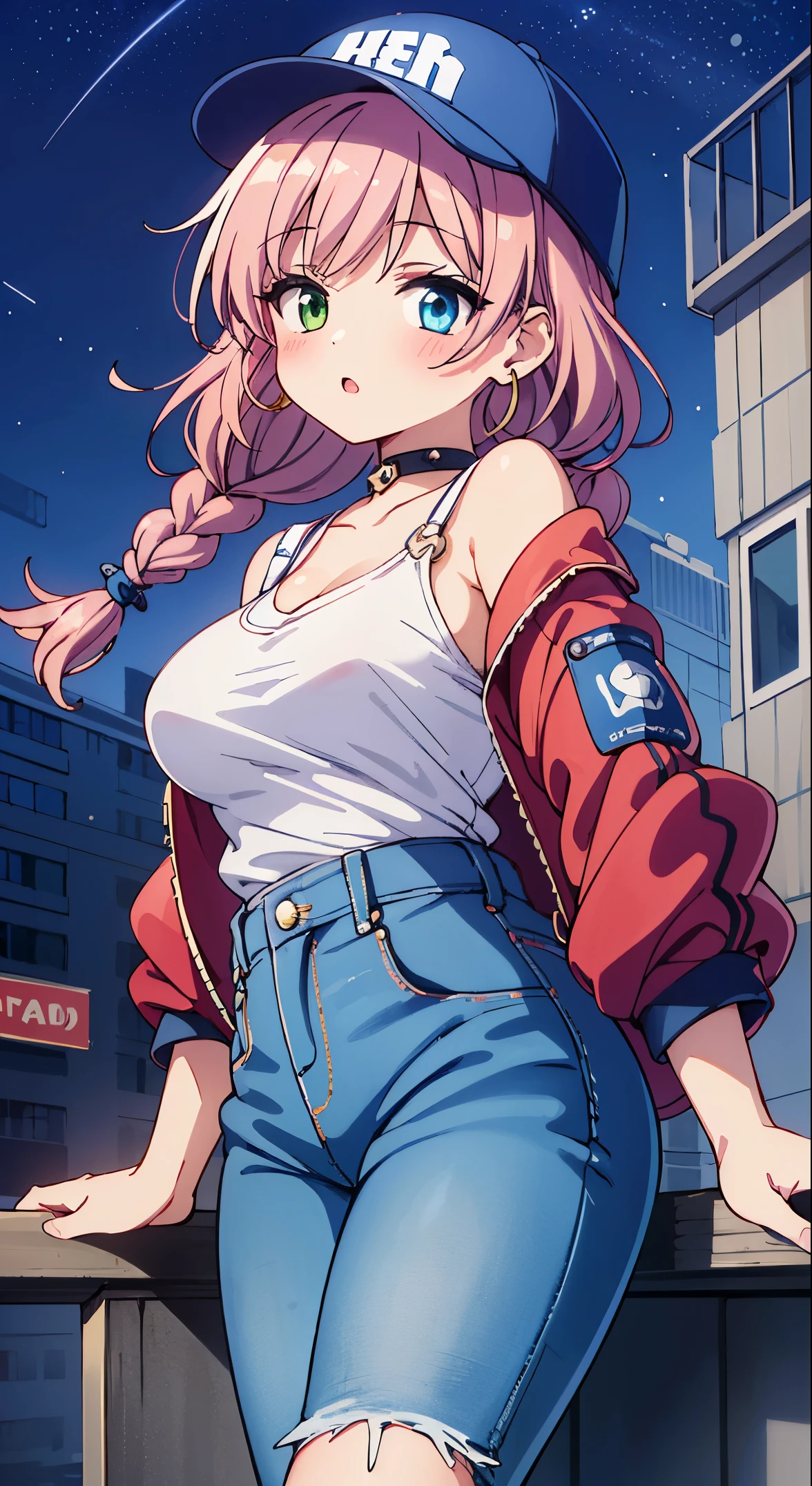 (masterpiece, Transparent air, Transparent eyes,Best Quality, Perfect Anatomy, High quality:1.4), absurderes, absolutely resolution, unbelievable Ridiculous, hight resolution, ultra-detailliert, Official art, Unity 8k壁纸, Kinetic typography,nice hand, Perfect hands, Detailed beautiful hands, Large_filesize, fulcolor, hight resolution, symmetric, exceptional, Best aesthetic, newest, Anime, very beautiful detailed body,The hair,faces,The eye,
BREAK,


1 beautiful girl, ( girl),Solo,(Cute:1.5),(Chibi:0.6),(kawaii:1.5),(Lori:0.5),BREAK,(17 years oldautiful girl,Very detailed,colourfull,highest details,Clear skin,Beautiful skin,Shy,Very detailed,colourfull,highest details,BREAK,Clear skin,Beautiful skin,Shy skin,BREAK,(Heterochromia,blue eyess,Green eyes, Eye Highlights,The first hyperfine stars:1.45),star eye silhouette
,BREAK,(Pink hair, Medium length:1.4),(Twin braids,A little curly hair,Princess Cut, crossed bangs:1.3),(large breasts,Beautiful breasts,Large breasts:1.5),(long eyelashes, Double eyelids:1.2),Solo,gleaming skin, Clear skin, Beautiful skin,(best quality face),(Top quality glowing eyes),(Doya face,brave face:1.45) ,

BREAK,Fashion Modern Streetwear, Sophisticated silk baseball cap with minimalist design, Oversized silk bomber jacket paired with damaged jeans, Fashion forward sneakers or ankle boots, Silk scarf that can be tied as a choker or wrapped around the wrist Silk scarf to tie as a choker or wrap around the wrist, Sophisticated crossbody bag with statement hoop earrings, - Makeup with edgy, bold lips, - Sophisticated silk baseball cap, oversized silk bomber jacket paired with damaged jeans, Fashion forward sneakers or ankle boots

BREAK,(morning), ,(The city at night is wrapped in beautiful flowers of light. This light illuminates the buildings and streets of the city, dispelling the darkness. The flowers of light brighten people’s hearts and bring hope and joy. This scene is a symbol of beauty and hope, a moving moment.)dept