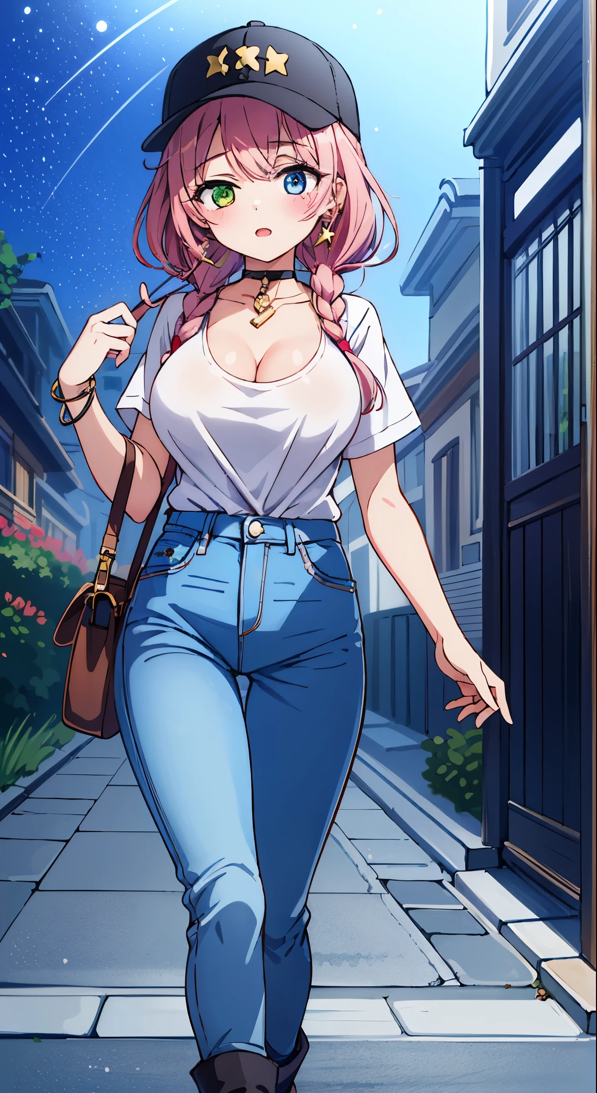 (masterpiece, Transparent air, Transparent eyes,Best Quality, Perfect Anatomy, High quality:1.4), absurderes, absolutely resolution, unbelievable Ridiculous, hight resolution, ultra-detailliert, Official art, Unity 8k壁纸, Kinetic typography,nice hand, Perfect hands, Detailed beautiful hands, Large_filesize, fulcolor, hight resolution, symmetric, exceptional, Best aesthetic, newest, Anime, very beautiful detailed body,The hair,faces,The eye,
BREAK,
1 beautiful girl, (17 years old girl),Solo,(Cute:1.5),(Chibi:0.6),(kawaii:1.5),(Lori:0.5),BREAK,(17 years old girl), 1 beautiful girl,Very detailed,colourfull,highest details,Clear skin,Beautiful skin,Shy,Very detailed,colourfull,highest details,BREAK,Clear skin,Beautiful skin,Shy skin,BREAK,(Heterochromia,blue eyess,Green eyes, Eye Highlights,The first hyperfine stars:1.45),star eye silhouette
,BREAK,(Pink hair, Medium length:1.4),(Twin braids,A little curly hair,Princess Cut, crossed bangs:1.3),(large breasts,Beautiful breasts,Large breasts:1.5),(long eyelashes, Double eyelids:1.2),Solo,gleaming skin, Clear skin, Beautiful skin,(best quality face),(Top quality glowing eyes),(Doya face,brave face:1.45) ,
BREAK,Fashion Modern Streetwear, Sophisticated silk baseball cap with minimalist design, Oversized silk bomber jacket paired with damaged jeans, Fashion forward sneakers or ankle boots, Silk scarf that can be tied as a choker or wrapped around the wrist Silk scarf to tie as a choker or wrap around the wrist, Sophisticated crossbody bag with statement hoop earrings, - Makeup with edgy, bold lips, - Sophisticated silk baseball cap, oversized silk bomber jacket paired with damaged jeans, Fashion forward sneakers or ankle boots
BREAK,(morning), ,(The city at night is wrapped in beautiful flowers of light. This light illuminates the buildings and streets of the city, dispelling the darkness. The flowers of light brighten people’s hearts and bring hope and joy. This scene is a symbol of beauty and hope, a moving moment.)dept
