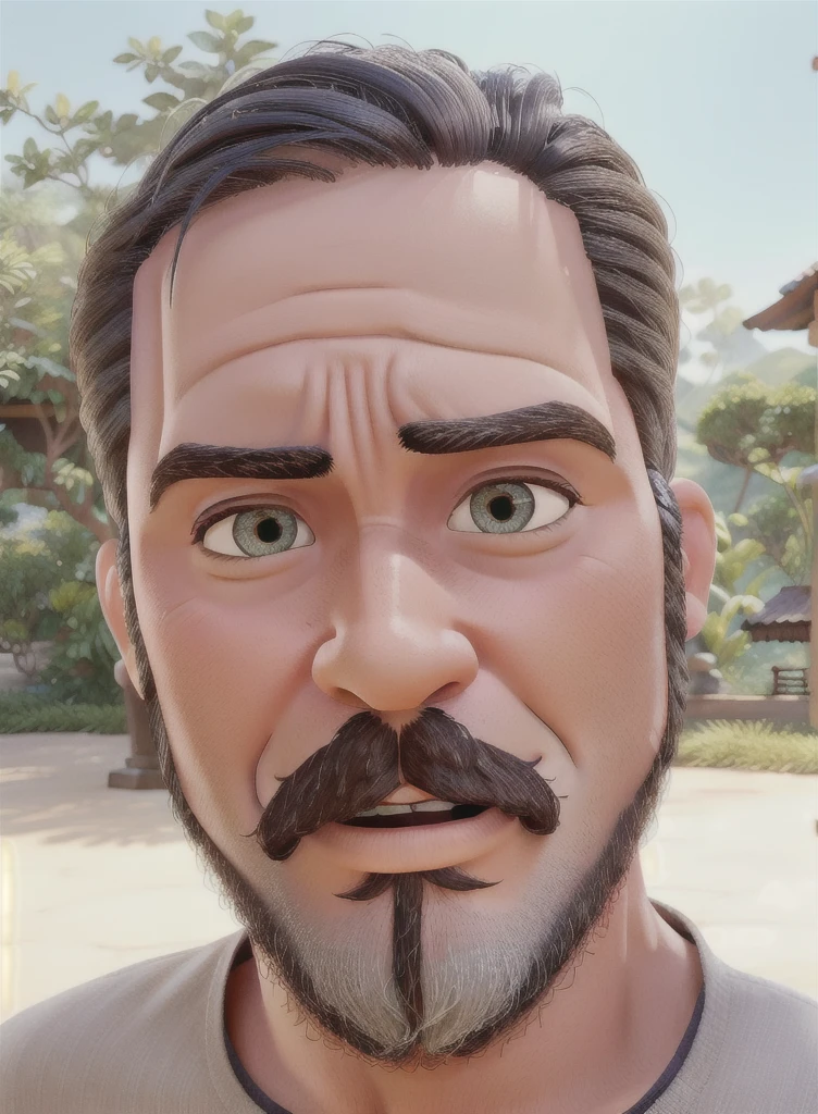 Homem oriental, cabelos na cor cinza, cabelos curtos, barba na cor grisalha, semblante tranquilo, olhos levemente puxados, estilo Disney Pixar, melhor qualidade, alta qualidade