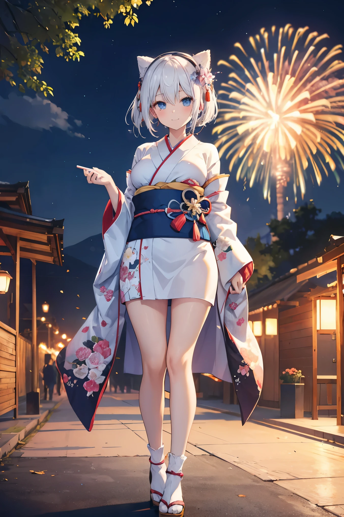"anime girl, 1 person, silver white hair mixed with black, blue eyes, wearing headphones, women's kimono, same kimono, big breasts, holding cotton candy, long socks, standing cross-legged, shy smile, festival, New Year's Eve fireworks, watch fireworks, solo(full HD Image 4K+)"