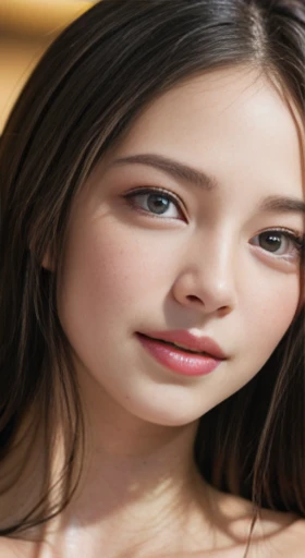(A hyper-realistic), (illustrated), (hight resolution), (8K), (highly detailed), (The best illustrations), (beautiful detailed eyes), (top-quality), (ultra-detailed), (masterpiece), (wall-paper), (detailed face), A smile, Japanese, natural breasts, soft areolas, Puffy areolas, puffy nipples, detailed breasts, detailed nipples, topless, nude